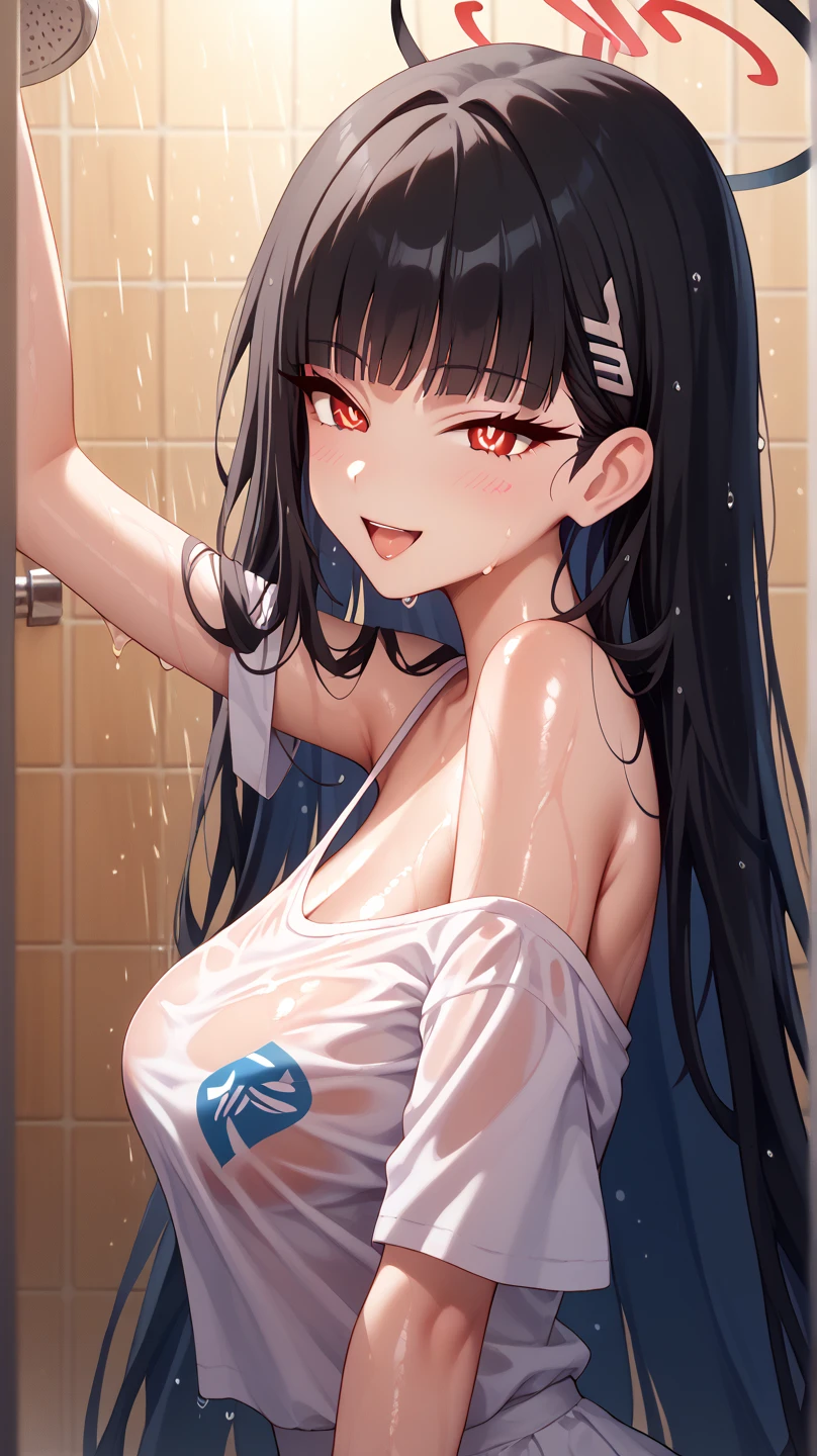 ((mejor calidad)), ((Obra maestra)), (detallado), cara perfecta, Joven de cabello negro largo y lacio, ojos rojos, pale skin, asian factions, 19 years, esbelta, busto mediano, bonitas curvas, estilo anime, elegante, only character in the image, red eyes, waiting for you, cute face, sexy, in love with the viewer, black hair, drunked, orgasm face, horny, white croptop, wet, black micro panties, in shower, wet clothes