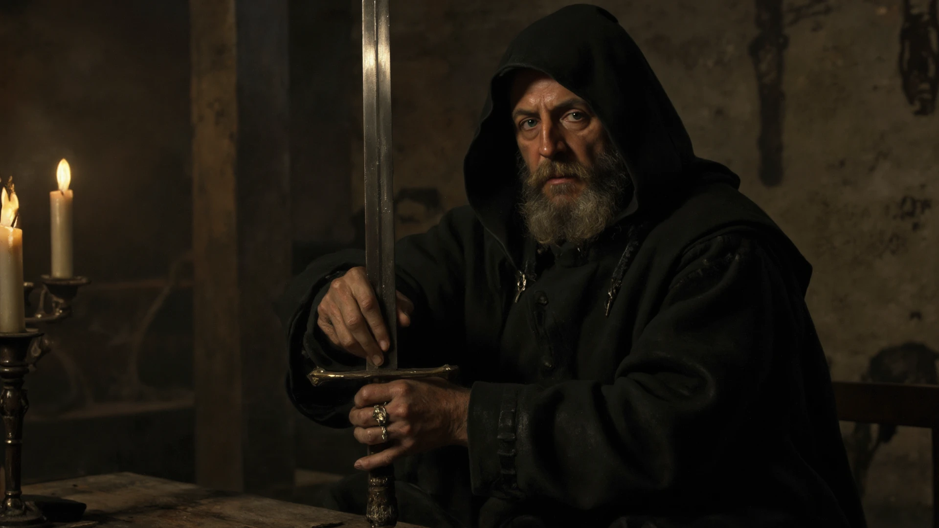 man of 40 years old, with long gray hair, with a gray mustache and goatee. wearing a black robe, holding a rapier. Medieval killer.