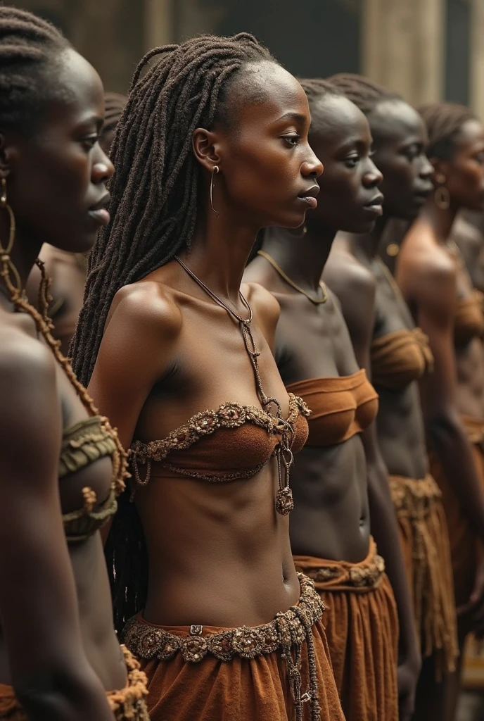 A topless woman is being sold at the marketplace as a ??? slave. Her breasts are absolutely massive and firm. She has a collar around her neck, with a metal ring on it. People are reaching to touch her breasts