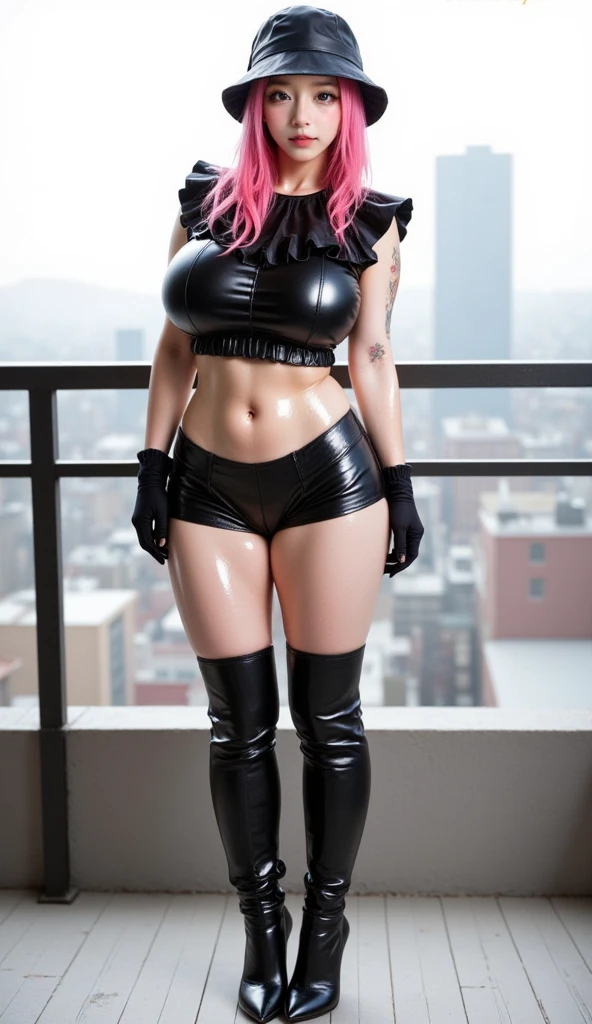 goth, excited, pale skin, smoky eyes, vivid colors, punk rock hairstyle, bright blue hair, black lips, abandoned street with grafitti, body view, huge breasts, punk clothing, pocket chain, earrings, babe, bimbo, squatting, big lips, looking at viewer