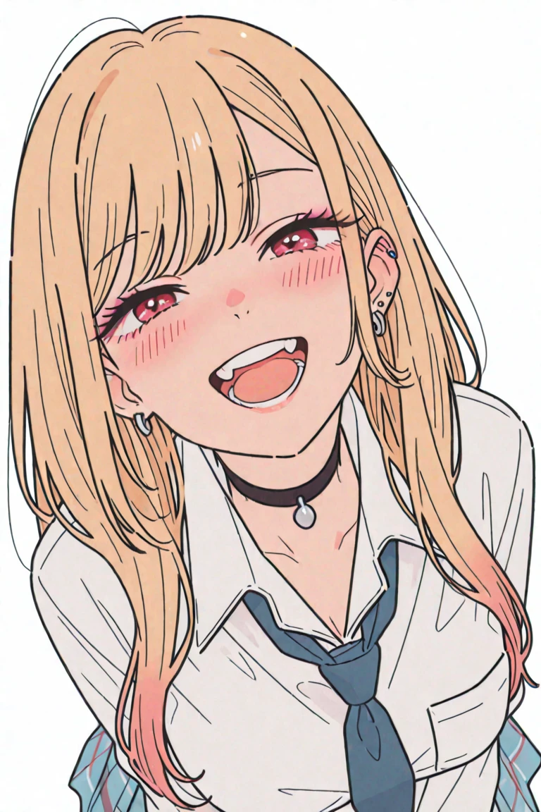 (masterpiece, best quality, very aesthetic, ultra detailed), intricate details,
1girl, kitagawa marin, Bukkake, sono bisque doll wa koi wo suru, blonde hair, red eyes, ear piercing, barbell piercing, black choker, collared shirt, white shirt, her high beams, earrings, blue necktie, grin, right arm up, v, left hand holding huge penis, looking at viewer, upper body,