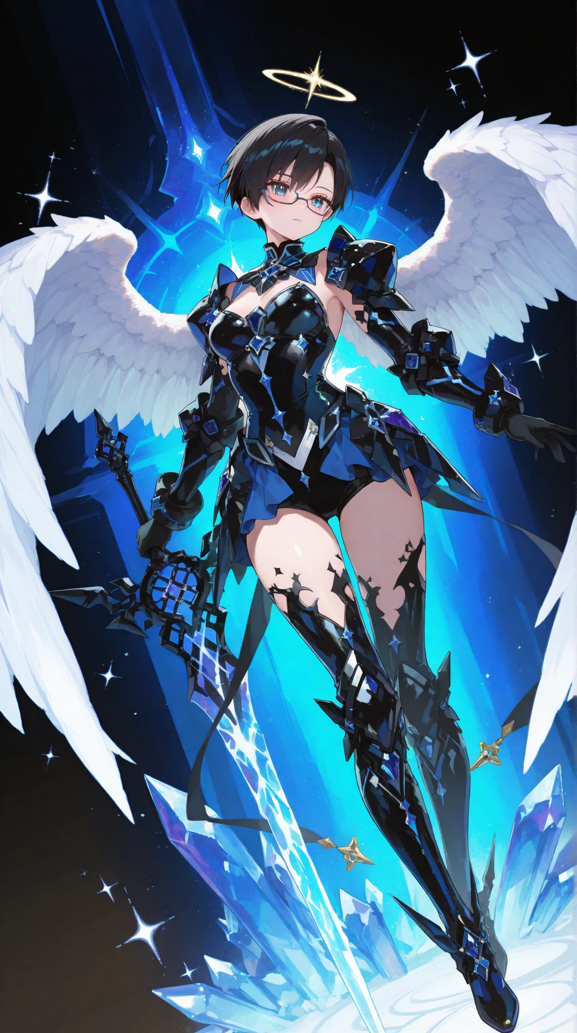 (masterpiece, top quality, best quality, official art, beautiful and aesthetic:1.1), best quality, from above, full body, 1girl <lora:Elin_2D_and_3D_last:1>, animal ears, tail, feathered wings, looking up, glowing, black and white bodysuit,<lora:lowkey_v1.1:0.85>, two-tone hair, side ponytail, eyebrows hidden by hair, <lyco:LAS:0.75>, intricate, highly detailed, (fractal art:1.1), colorful, detailed hands, charging forward,