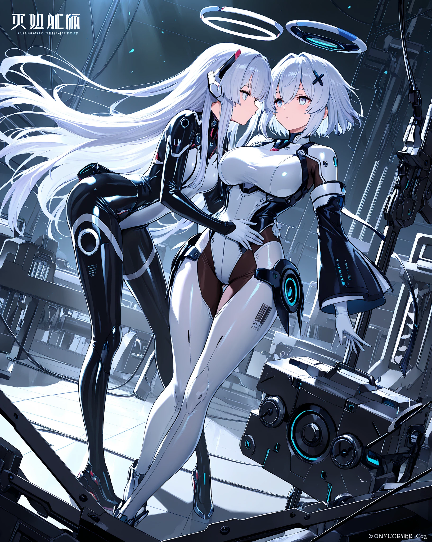((Best Quality)), ((masutepiece)), (Detailed: 1.4), (Absurd), Female fighter pilots ready for war, Dark skin, flash dc comics, lightning and lightning, muscular sculptural body defined, Full body, half-thick naked thighs, Closed mouth, muscular body covered in technological clothing, Neon Genesis Evangelion style, Cyberpunk, generous neckline, ((perfect medium breasts)), (Super light blue eyes without pupils), ((White and dark red clothes)), (((gray hair in braids))), long eyelashes heavy makeup, by mucha, niji --V5, close to real, psychopath, Crazy face, Sexy Pose, Genesis Evangelion neon style robot giant head background, 2 pieces clothing, Airplane winged shoulder pads, pastel, Centered, scale to fit the dimensions, nffsw (High dynamic range), Ray tracing,NVIDIA RTX,Hyper-Resolution,Unreal 5,Subsurface Dispersion, PBR Texture, Post-processing, Anisotropy Filtering, depth of fields, Maximum clarity and sharpness, Multilayer textures, Albedo and specular maps, Surface Shading, accurate simulation of light and material interactions, Perfect proportions, Octane Render, Two-tone lighting, Wide aperture, Low ISO, White Balance, thirds rule, in 8K, Crysisnanosuit,Blue eyes