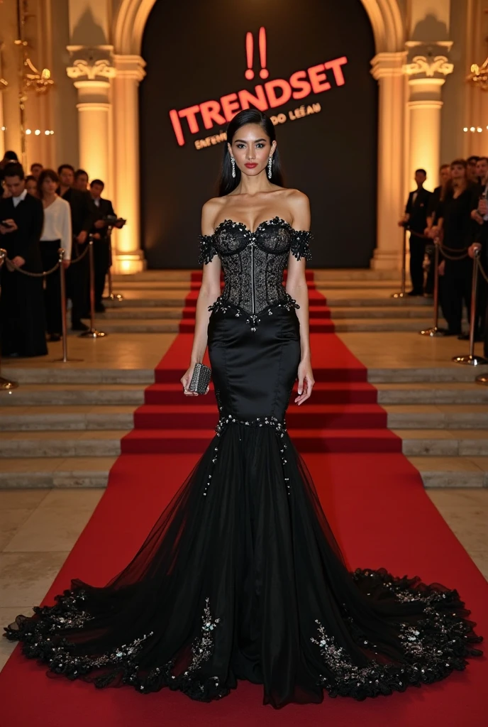 fot of a stunning girl, full upper body view, At a fashion show, wearing high class dress, fashion dress, Symmetrical eyes, symmetrical face, photorrealistic, fot, path tracing, specular lighting, volumetric face light, hair traced along the way, visible shadows, intrikate, elaborate, hyperrealisti