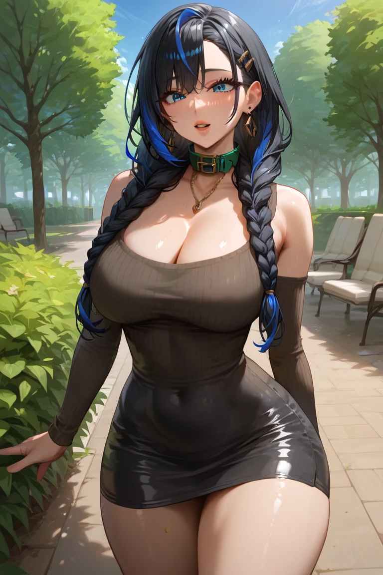 Realistic and detailed image of an elf dressed in a sweater without cleavage. She has long wavy black hair. Turquoise eyes. She has earrings, long eyelashes. She has large breasts, slim waist, wide hips and thick thighs. She is with legs raised, legs open, crying, smiling, face of pleasure. Vagina view, ???? view, arched back. There is a garden with flower petals falling around her.