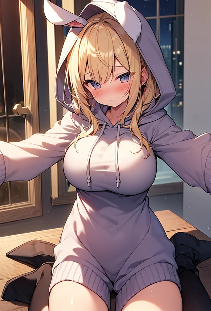 (Masterpiece, Top quality:1.5), full body, (1 beautiful girl, solo:1.2), (short height:1.3), (Thermal Loungewear :1.3), Blonde hair:1.1, medium Hair, wavy Hair, asymmetry bangs, swept bangs, airy hair, large breasts:1.4, (sleepy-eyed:1.3), blush:1.2, beautiful scene of bedroom, magnificent panorama view, blurry background, open mouth, dynamic pose, dynamic angle