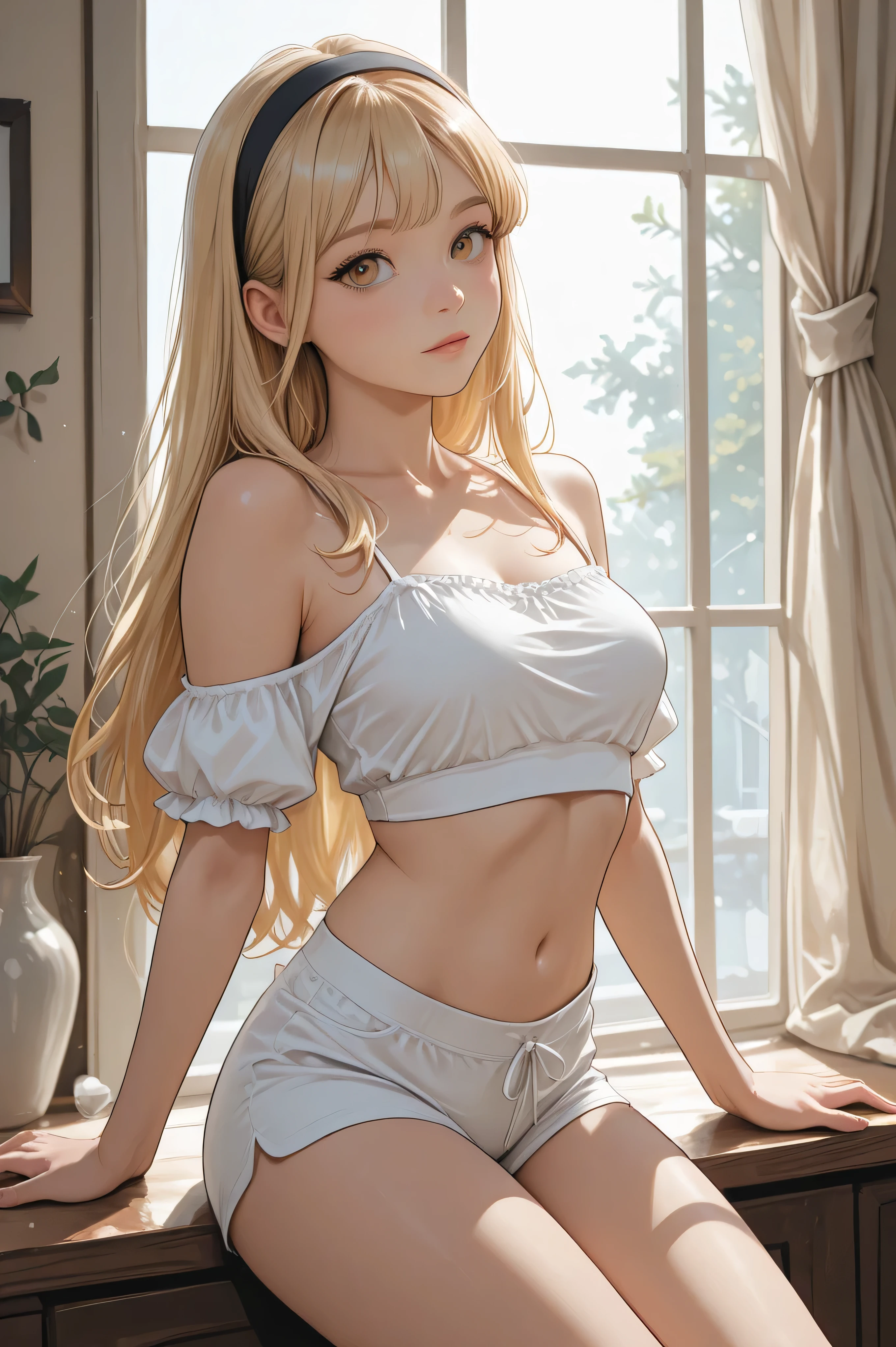 young blonde girl in white cropped top and black headband 