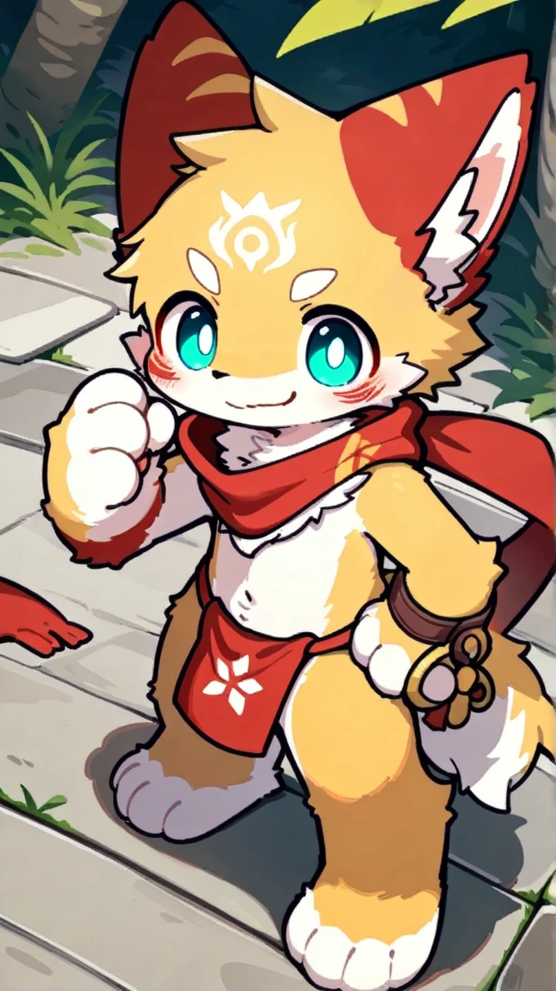 ultra-detailed, masterpiece, masterwork, high quality, best quality, hdr, (nature, japanese style), nsfw, male, solo, chibi, dragon, ((bare yukata, micropenis, foreskin, perfect balls)), (little red body minotaur), (white chubby body), (long golden hair, yellow eyes, cool eyes), sitting, dynamic angle, earrings, sweat