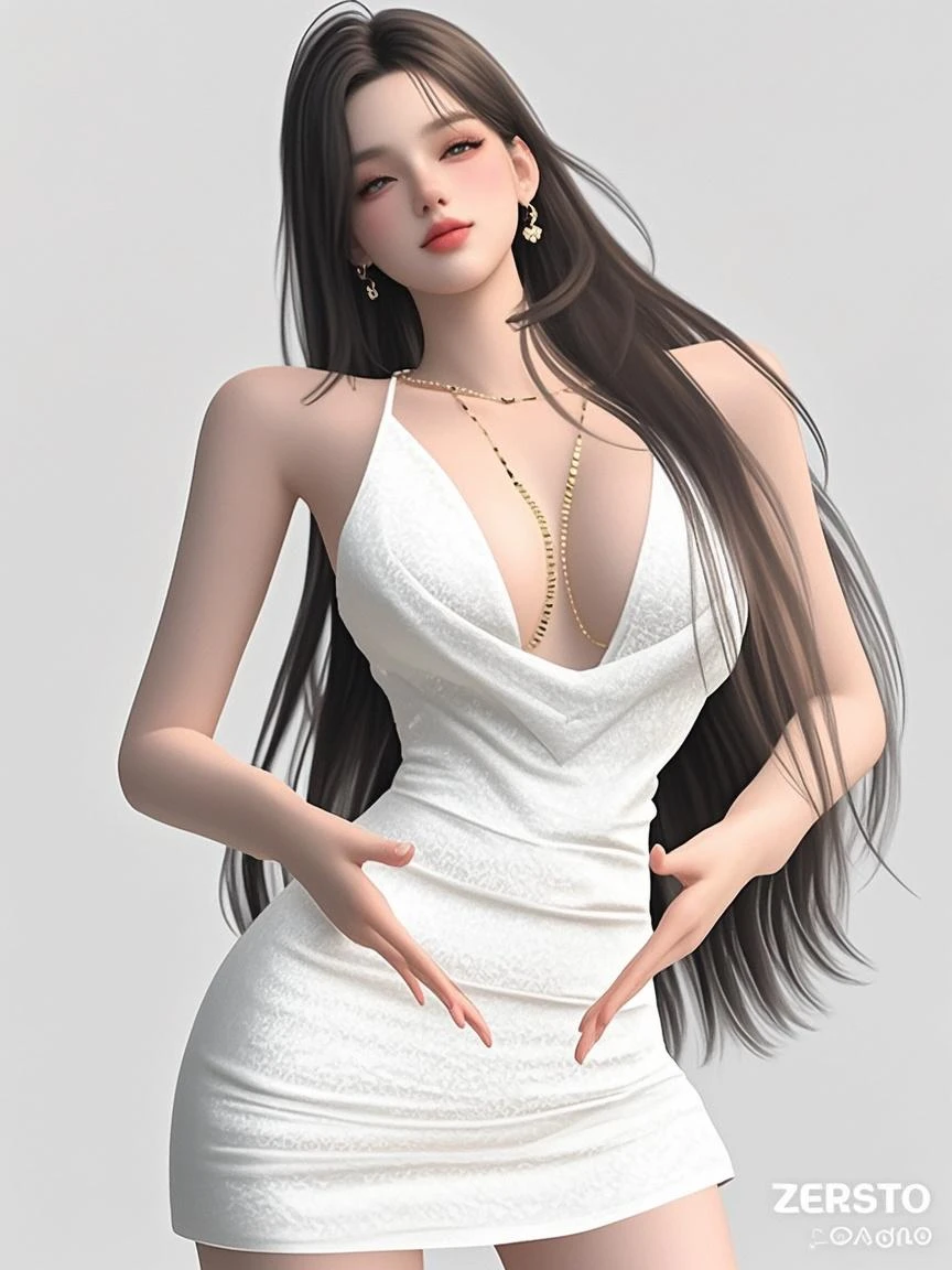 1 girl, long raven-black hair cascades down her back in soft waves, bangs, the silky strands framing her delicate features. Her piercing amethyst eyes, rimmed with dark kohl, gaze up at viewer with a sultry intensity, brimming with a twisted hunger, medium sized breast, looking at the viewer, standing symmetrically.
white dress with long sleeves and long skirts she wears clings to her curvaceous form, the dress cover her breast and shoulder, the dress rides up slightly, revealing the pale, toned expanse of her thighs. Viewer can make out the faint outlines of scars and piercings adorning her most intimate areas, a testament to the depths of her depravity. Wall background.