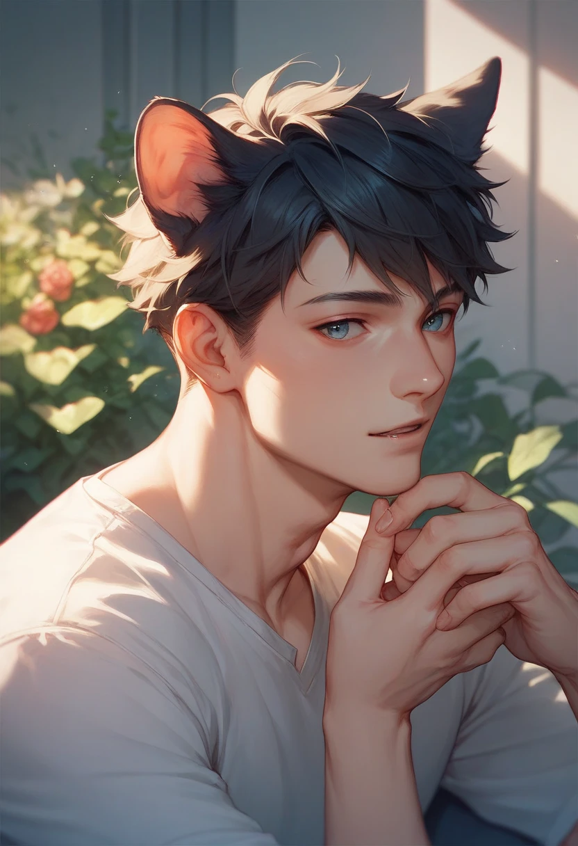 (Obra maestra)), ((Mejor calidad:1.2)), high resolution, 8K, (ultra_realista:1.3), (photorealista:1.4), (Plantilla de Instagram, elegante:1.2) photo of face, young man 20 years old, slim, pink hair, cat ears, shirtless, surrounded by flowers and butterflies of many colors, looking slightly to the left, multicolored background