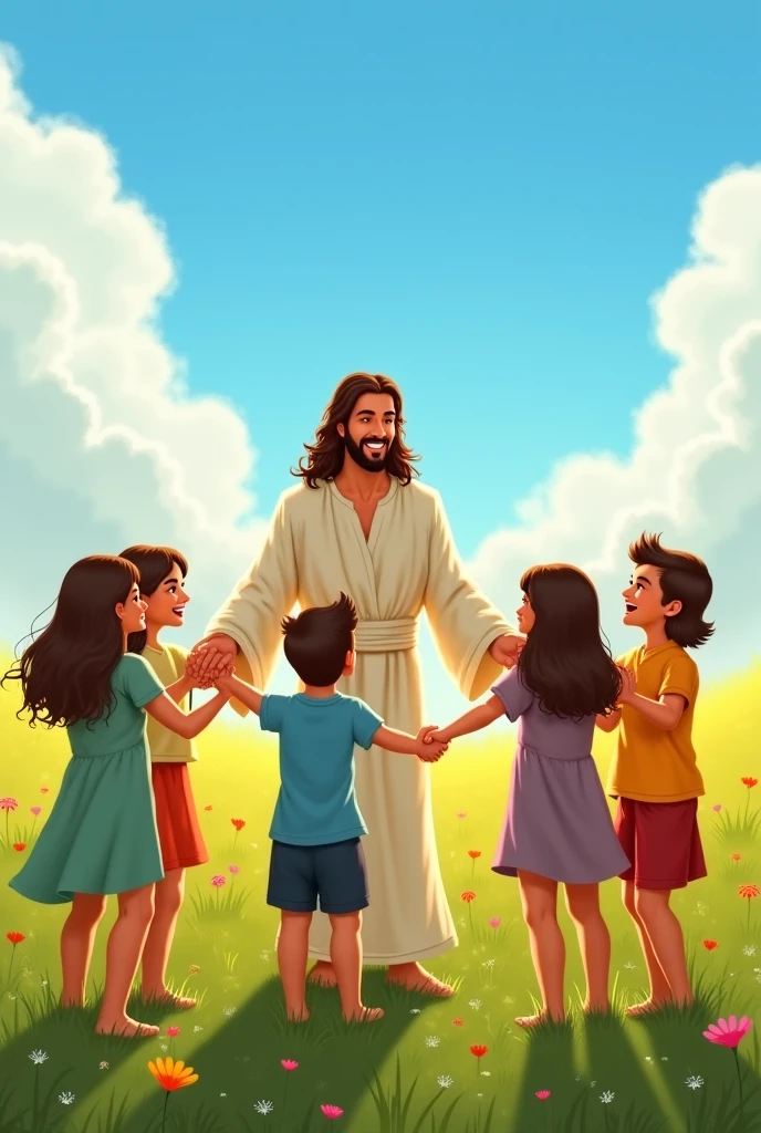 Children around the world holding hands of different colors and cultures and Jesus in the center of the world