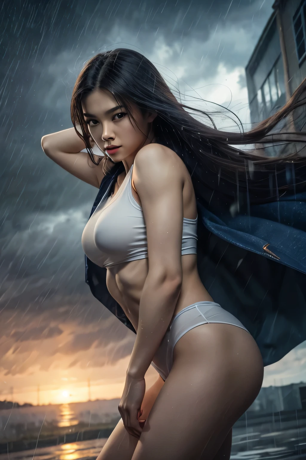 (Polinisia bronceada sexy|Asian woman, 1 girl:1.2, thicc hourglis figure, Perfect eyeliner:1.2), (Obra maistra:1.4, Best Quality), medium breasts, unity wallpaper 8k, ultra detailed, (pastel background, vistiendo pantalonis cortos de mezclilla y una camiseta sin mangas colorida:1.3), seductive pose, Upper part of the body, is, hermoso y istetico, detailed, Alone, de fondo un Puente distruido, istructura caída y rota, abandoned vehicles, cloudy water below, dark sky with lightning in the distance