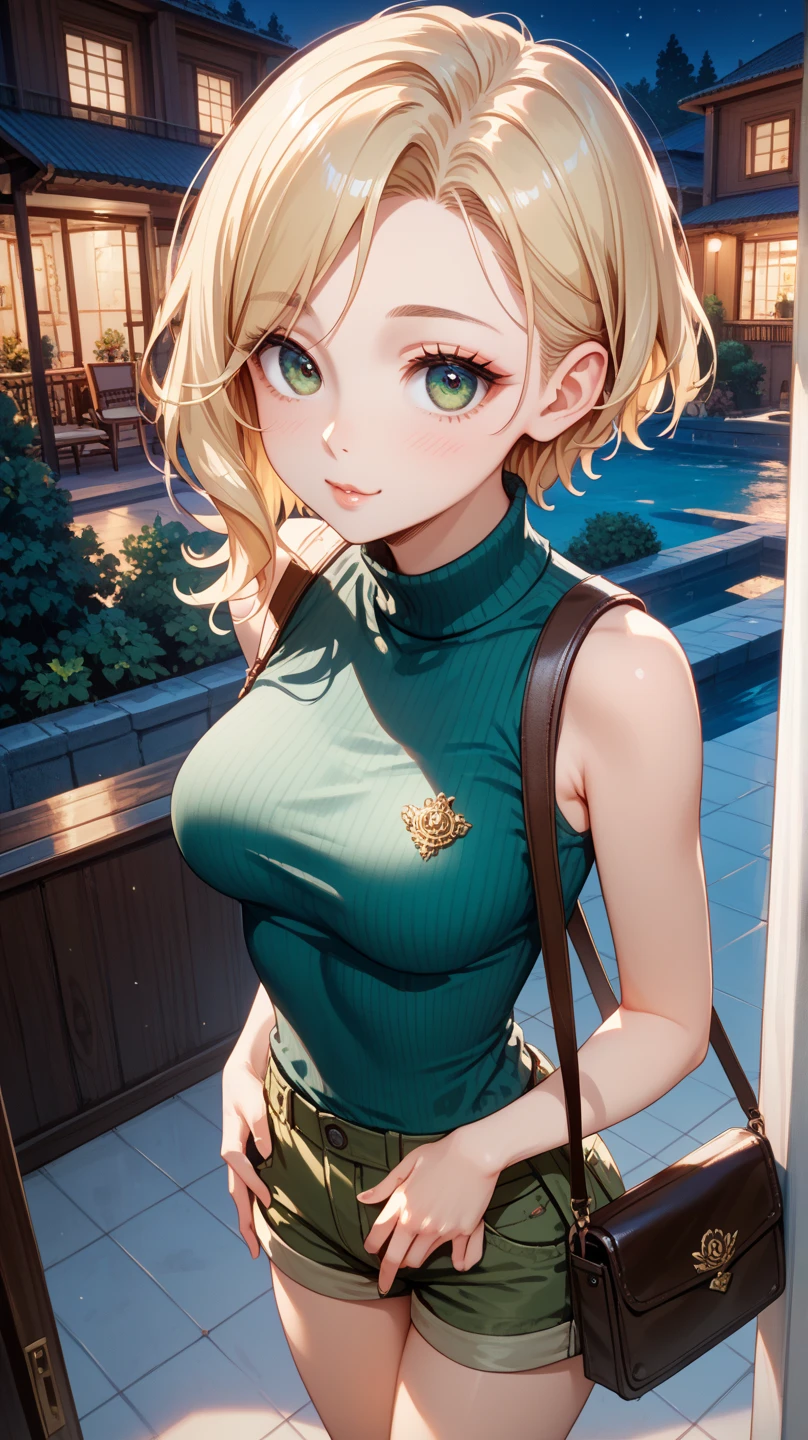 1girl, franja, ombros apertados, Corpo de Loli, Menina de 16 anos, blonde hair,seios grandes,  short hair, olhos verde, perfect hands, clivagem, Sweetheart neckline, boca fechada, Eyebrows visible in the hair, seios pequenos, Olhando para o Viewer, sorrir, tenso, Standing, visualizador frontal mostrando seios, Ultra HD | |, Imagem 4k, vestido sexy curto