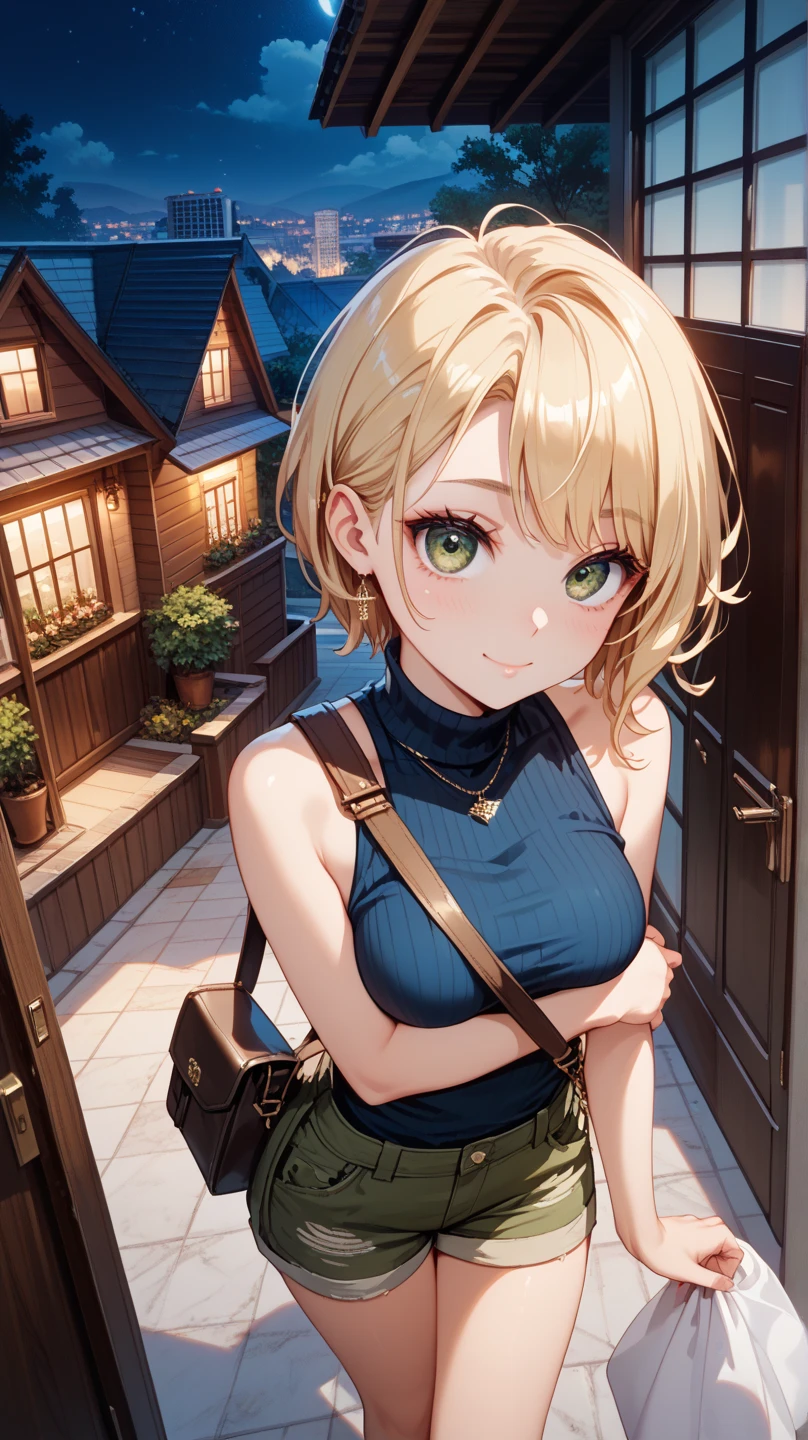 (masterpiece:1.3, Highest quality, Ultra-high resolution, Super detailed), (Realistic:1.1, photoRealistic:1.4), Beautiful illustrations, Perfect lighting, colorful, Depth of written boundary,
Beautiful detailed hair, Beautifully detailed face, Beautiful attention to detail, Beautiful clavicle, Beautiful body, Beautiful breasts, Beautiful thighs, Beautiful feet, Beautiful fingers,
View your viewers, 1 girl, Japanese, high school girl, Perfect Face, (Perfect Anatomy, Anatomically correct), Cute and symmetrical face, Baby Face, Sunburn, Glowing Skin,
(short hair:1.5, Bobcut:1.2, Ash Blonde Hair), Hair between the eyes, blue eyes, Long eyelashes, (Medium chest), thin,
(Short-sleeved off-shoulder yellow-green sweater, Black tank top, Denim shorts rolled up),
(Beautiful views), evening, (Outdoor, distant cityscape), Are standing, Cute pose, (Cute smile, Upward glance, Open your mouth), ;d