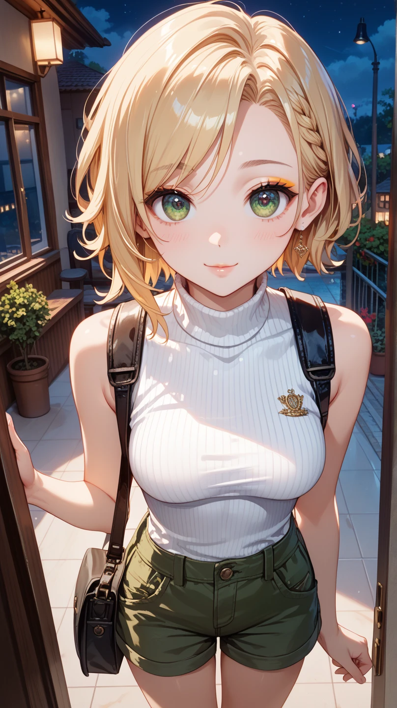 A small, young Sixteen year old girl with very dark blonde hair and emerald green eyes. She has a curiously playful smile. She has big  and round thighs. She wears tight jean shorts and a crop top. Her top reveals a lot of cleavage. She sits outdoors in a wooded park. Anime style.