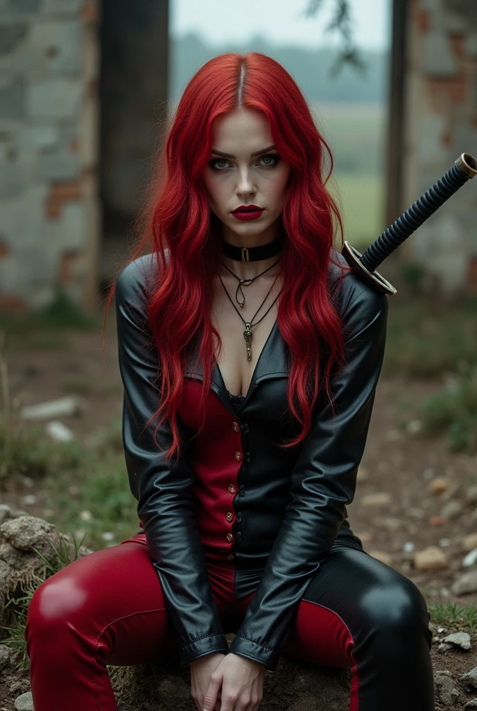 A beautiful woman with extensive long prenzil hair six feet long Adriana Lima wearing a fuchsia leather jumpsuit combined with black gloves and black leather boots kneeling blood around her skulls and lots of blood extensive prenzil red hair six feet long reflection of her in her blood Marvel universe logo