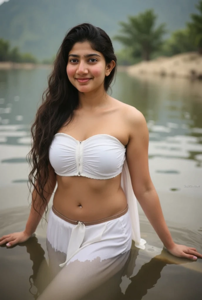 Create a picture of an indian woman thinking after standing in saree in the water at beach