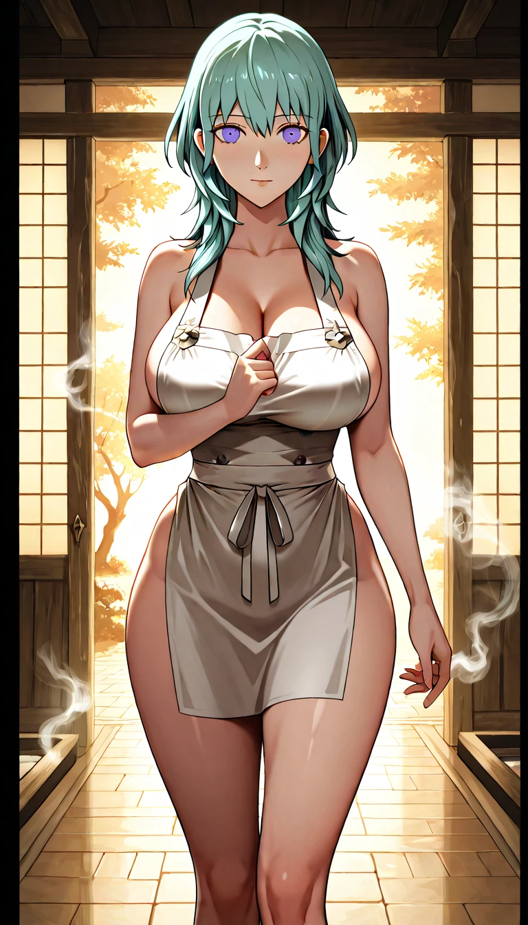 ((((masterpiece, best quality, high resolution)))), 1girl, wavy hair, average , blush, light smile, parted lips, glow, thighs, bare shoulders, collarbone, narrow waist, cleavagerpiece), (beautiful detailed face, beautiful detailed eyes), (naked apron, ki, arms behind back)