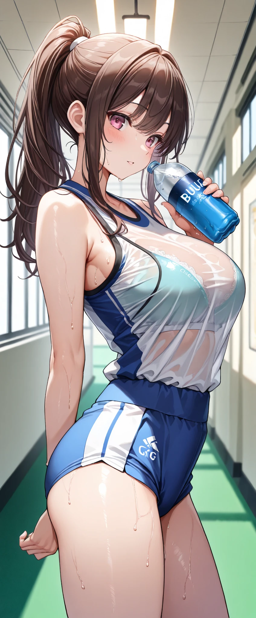 (1 girl),(high quality), (High resolution), (extremely detailed), (8K),(lower body shot),(She is wearing short sleeve cycling jersey and cycling half pants.),perfect writing,High resolutionの美しい目,(neutral white lighting:1.2), midium breasts, brown hair, eating ice cream, (white background:1)
