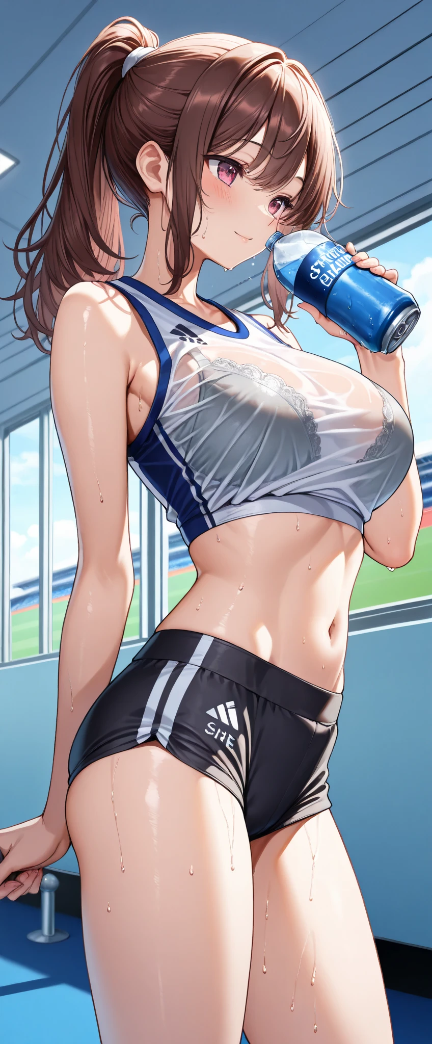 (((masterpiece)))、((Highest Quality))、(Super Detailed)、(CG illustration)、(very beautiful woman))、((((standing figure,standing in the hallway )))cinematic lights 、((1 woman))、 、(Beautiful and luxurious:1.2)、Athletics Stadium((Female 1:1.Sports Stadium )),((sports drinks)),((sleeveless track and field athletes who can see their underwear through their clothes ), cowgirl position with sweaty ,beautiful ponytail,,( Can you see clothes through a bra ),skinny,