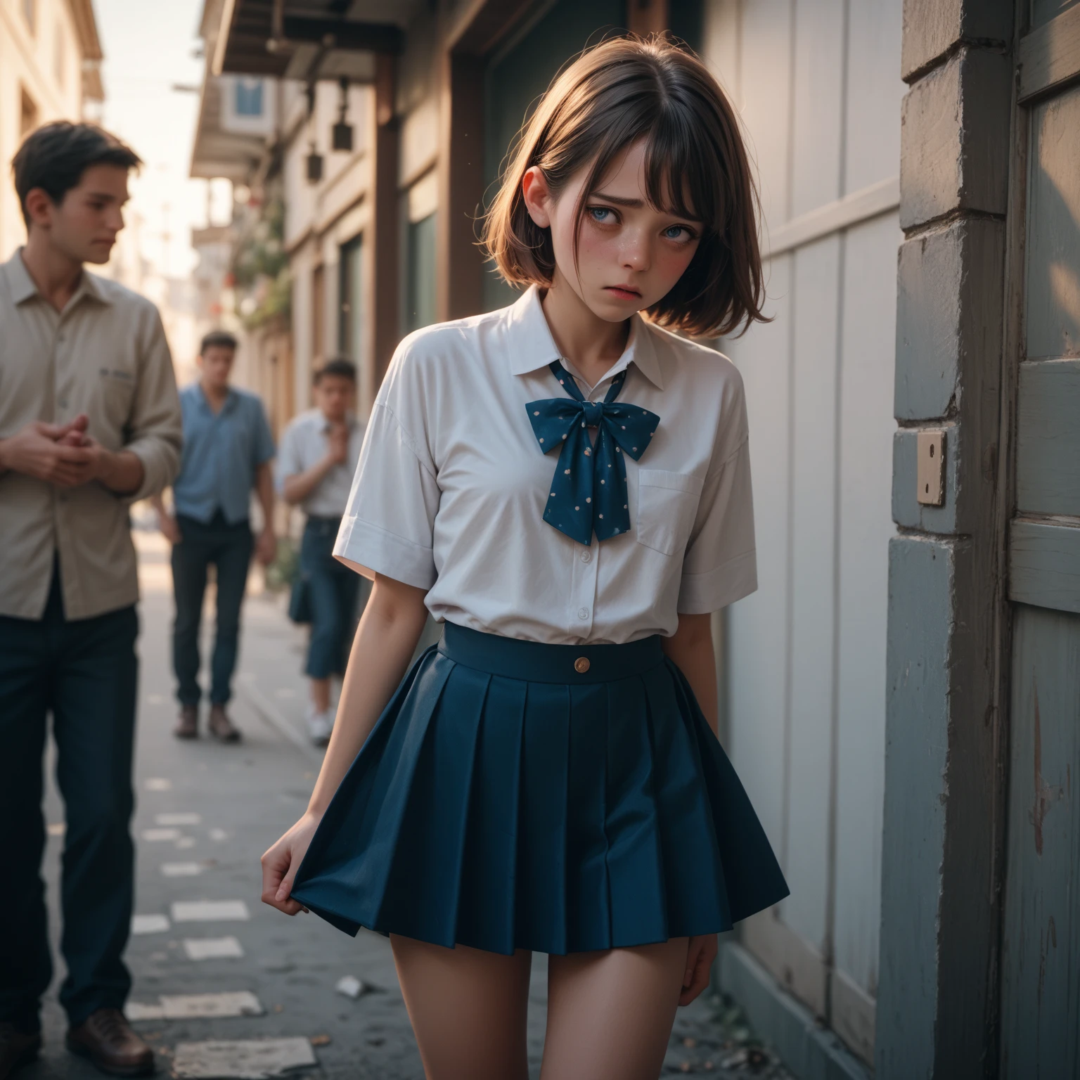 analog style, photo, photography, polaroid shot, vintage 1980, 15yo teen girl, japanese, slim, school uniform, pleated skirt, (open shirt, naked breast, nipple:1.3), small breast, tokyo street,