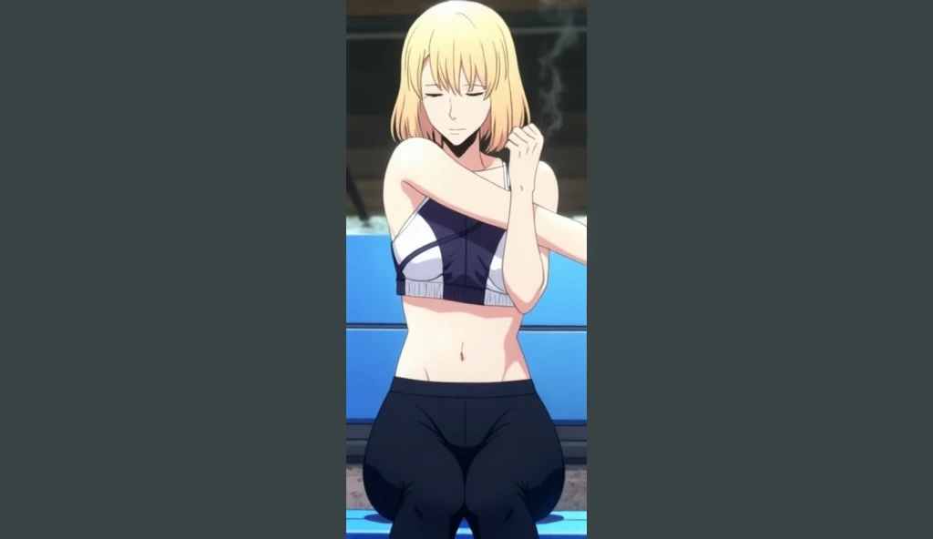 masterpiece, best quality, highres, 1girl,alone, fujiwara chika,black bow, blunt bangs,sidelocks, high ponytail,scrunchie, neck ribbon, large breasts,sports bra, yoga pants, cleavage, cowboy shot, standing,from behind, ass, :d, smile,blush, gym,thumbs up,blues eyes
