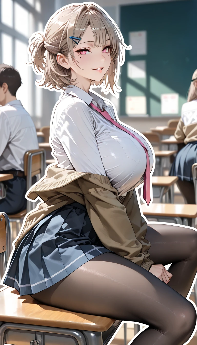 Highest quality,((((One Girl)))),Big Breasts、Curvy,Grin,blush, Sweat,blonde,short hair,Wavy Hair,White shirt,,Navy blue pleated skirt,classroom,Lift up your skirt,Under the skirt,,Put the in the vagina,Black garter belt,Stand with your feet apart、People around her are taking pictures of the girl with their smartphones.、、Several students have their penises out