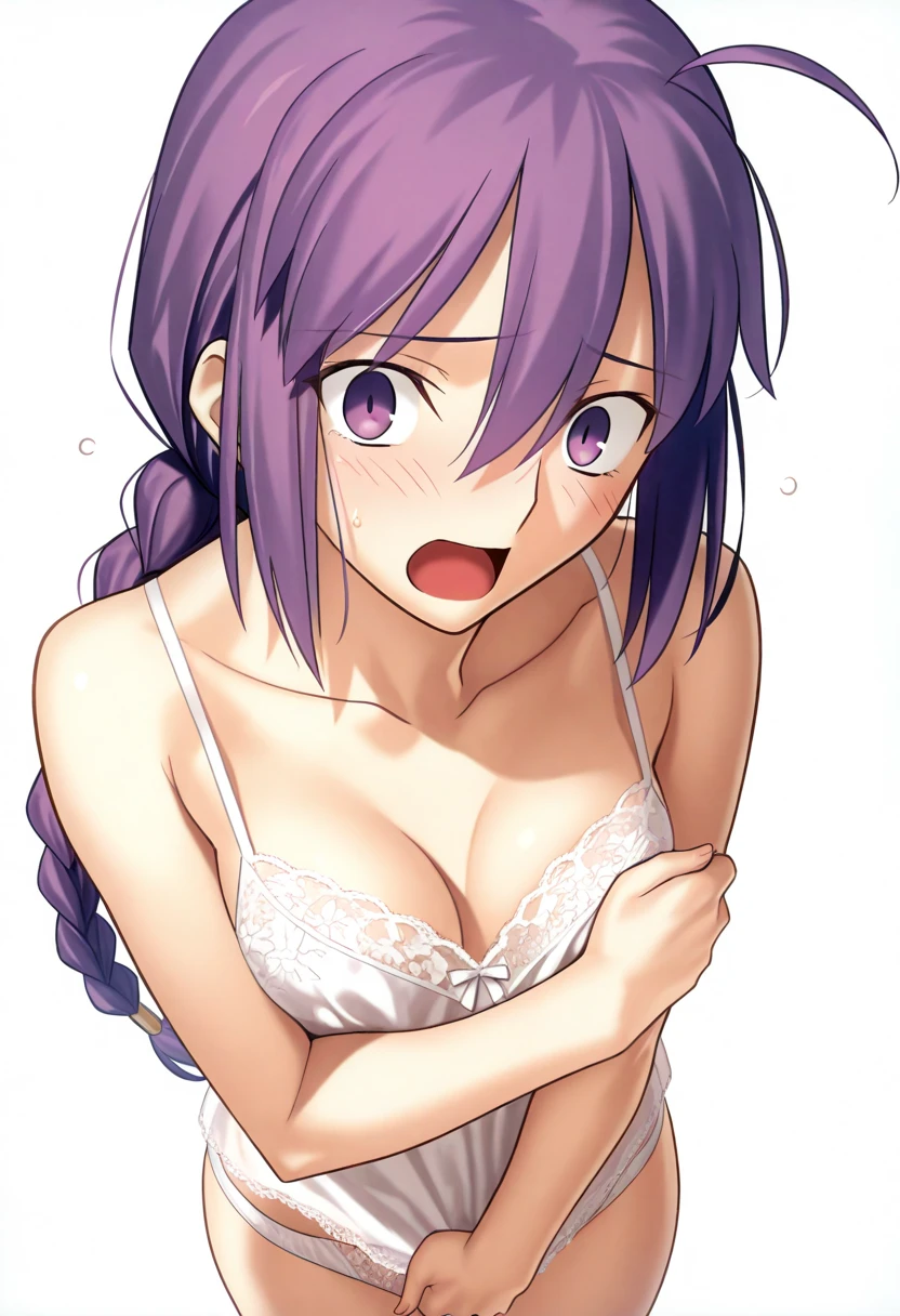animesque、charming anime girls、Smooth Anime CG Art、(((View straight ahead)))、(((Eye Patch Bikini)))、(bare-legged)、(((small tits)))、(((The shape of the nipple is clearly visible)))、((Areola showing through))、(((Sweat)))、((Sweaty))、(((slender)))、((skinny legs))、red blush、embarassed expression、Urine drips on the legs、(((Standing)))、(((Leaning forward)))、(((Emphasize the face)))、Open mouth、(((Medium hair)))、Braids、(((White background)))