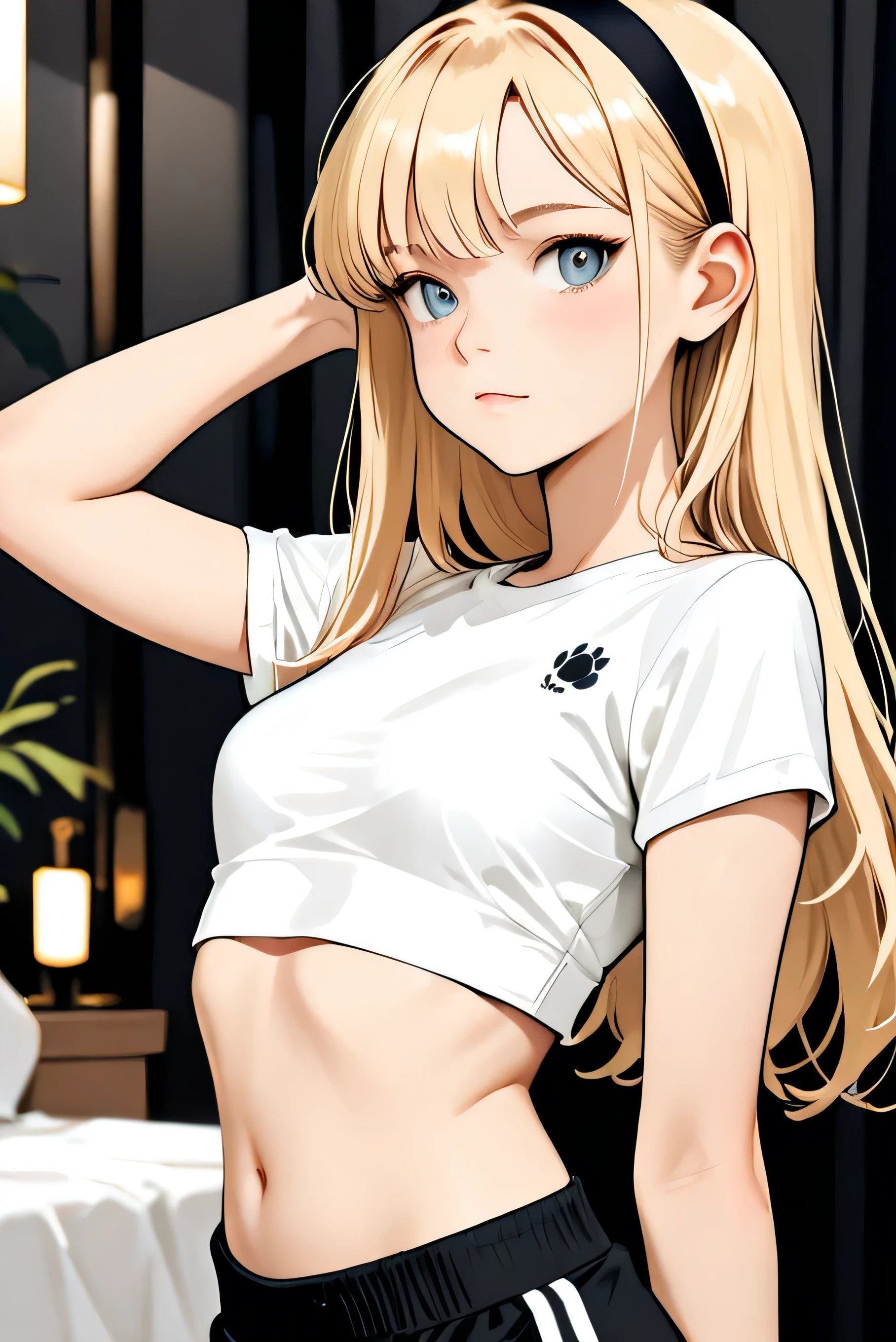 young blonde girl in white cropped top and black headband 