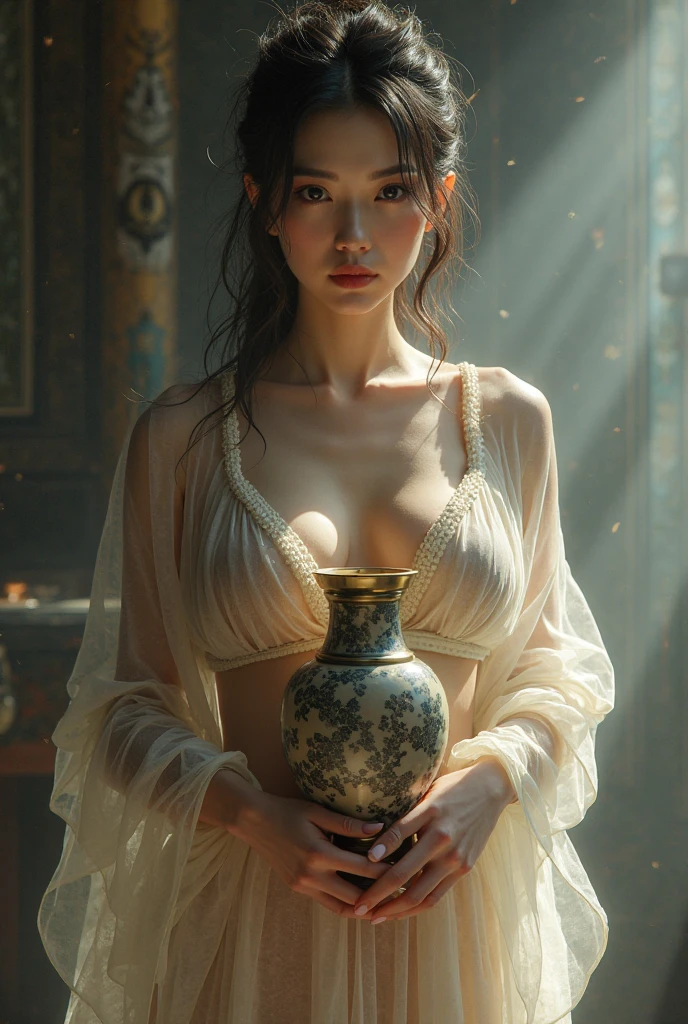Beautiful naked girl has a gorgeous vase with her nipples and genitals cleverly hidden。The vase has a voluminous top and a short mouth.、The shape is perfect for hiding her nipples and genitals.。The vase should not be placed above the collarbone。(Highest quality、4K、8k、High resolution、masterpiece:1.2)、Super detailed、(Real、Photorealistic、Photo-Realistic:1.37)、Highly detailed face and body、Beautifully detailed eyes、Beautifully detailed lips、Porcelain Skin、(Super big breasts)、Sexy thighs、(Front angle)、Natural lighting、Warm tones、Elegant and calm、Intricate Vase Designs、Pottery、Delicate and graceful pose、((((Completely hide the nipples))))<