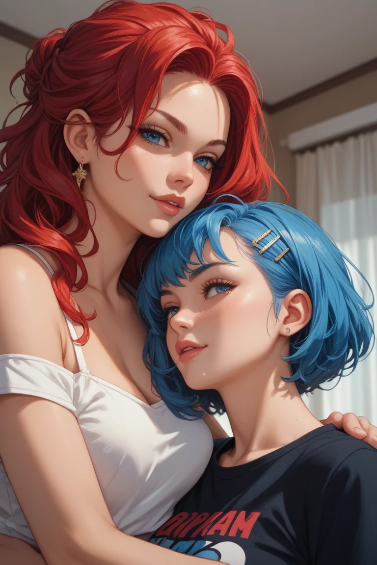 2 sexy women hugging, scantily clad