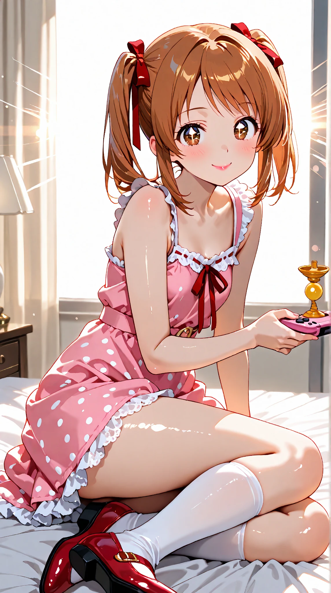 ((Brown hair)),((Braided shorthair)),(With black eyes))),(With bangs)),Slight red tide,(Pajama long sleeve cardigan clothes with lots of frills),(Hair band made of fluffy material),((All white, Pink, orange, and yellow)),(Colorful, Cute pajamas with marble pattern),(Cute fluffy socks like a fairy tale),((Colorful and pop world view)),(((The body shape is slender))),(((hold a mobile game console with both hands))),((During the game)),(Nintendo Switch)),(Navel Bow Style),(Smiling smile),(close up of face)((Sleeveless Nightgown)),((Pants made of soft and voluminous sweat material)),(room style),(Sitting on the sofa and concentrating on the game),