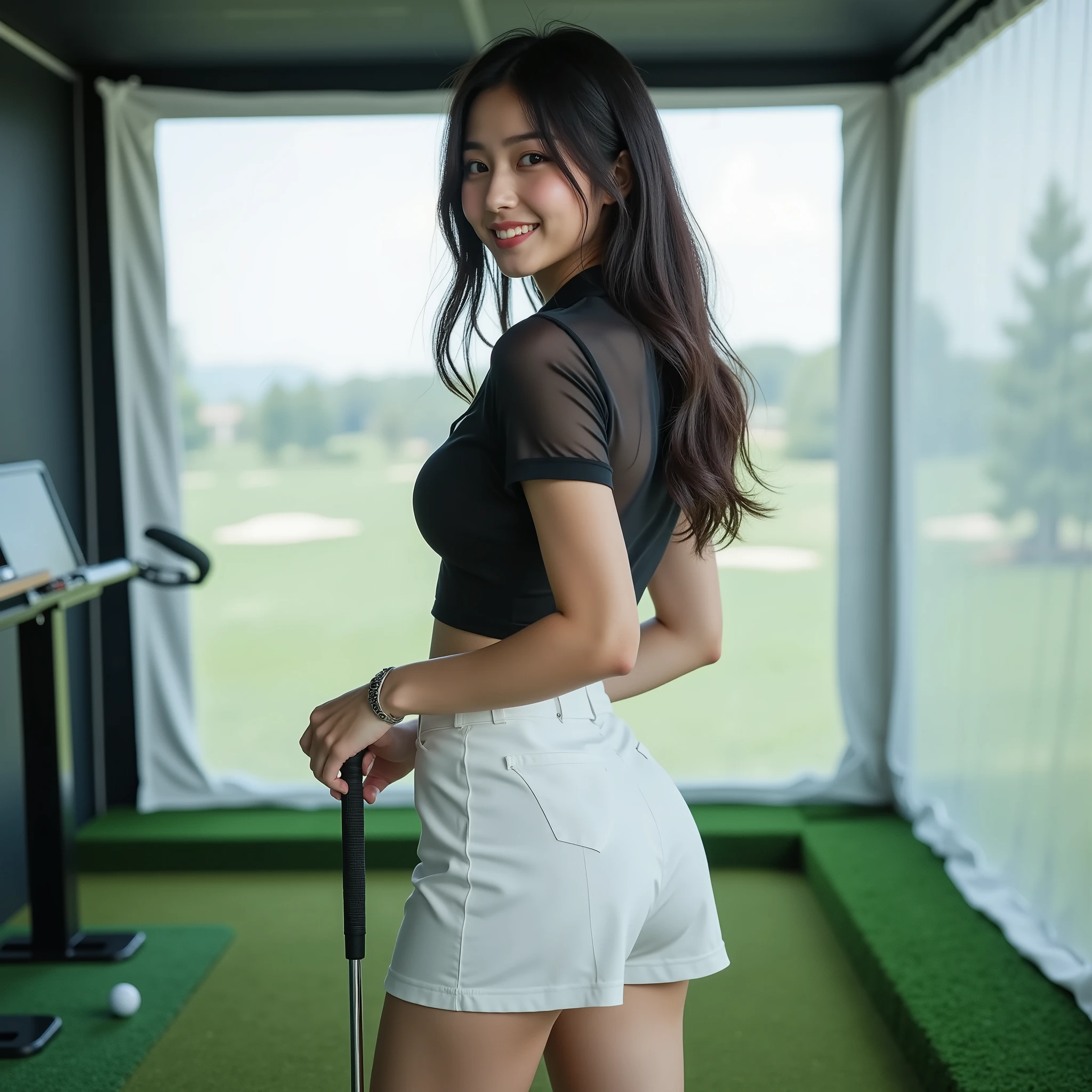 『1 Japanese girl:1.3』『Real Photo:1.3』Highest Quality:1.2、((Big breasts))、A small glimpse of her cleavage is visible、((young 20 year old woman ))、『showing teeth and smiling:1.9』、((( anatomically correct、perfect anatomy、 anatomically correct指)))、スレンダーな体,realistic, Highest Quality, ultra high resolution, RAW photo, (Curvy body)、full body,She has the looks and smile of an idol,,golf,室内の趣味レーションgolfで練習中,She is holding a driver,An image of the round is faintly projected onto a white curtain,Many balls that have been hit are rolling around at the bottom of the screen,The floor is artificial turf,There is a monitor on one side that displays the score and other information,A private room about the size of a four-and-a-half-tatami room,She is wearing a transparent black polo shirt,She is wearing a white miniskirt below,I'll take a look at black long socks,golfシューズ,