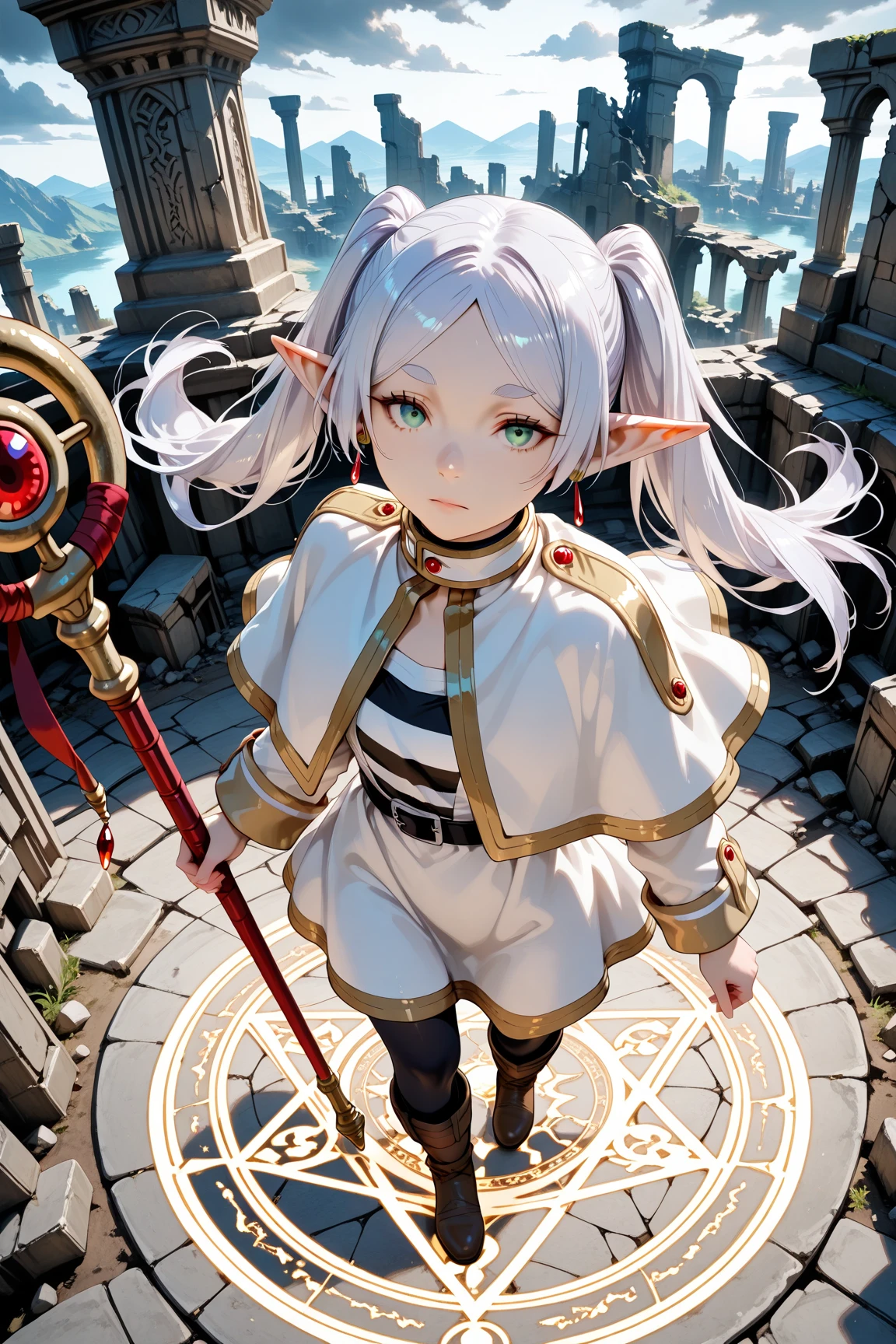 1girl\(frieren\), white hair, long hair, twintails, parted bangs, green eyes, closed mouth, looking at viewer, looking up, pointy ears, elf, jewelry, earrings, holding, holding staff, staff, magic circle, standing, standing on magic circle, foreshortening, from above, perspective, solo, boots, capelet, white capelet, gold trim, fantasy, BREAK, floating ancient ruins, luminous magic glyphs, dark cloudy sky, swirling wind, mystical atmosphere, BREAK, from above, dramatic perspective, dynamic foreshortening, centered composition,
BREAK,finely detail,semi realistic,stunning,clear picture,intricate details,extremely detailed CG unity 8k wallpaper,stunning,clear picture,ai-generated,ai-assisted,masterpiece,3d, best quality, highres,