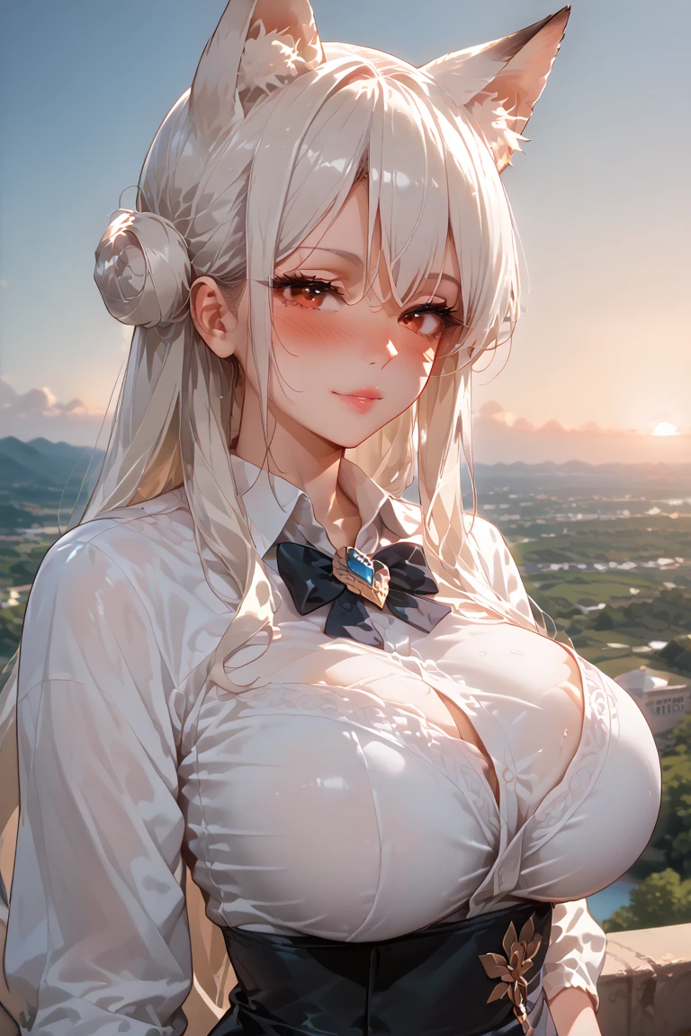 (((masterpiece, best quality))), (((superior quality))), cute girl, ((extremely detailed girl)), ((huge breasts)), yukata, bare shoulders, strapless top, long silver hair, happy