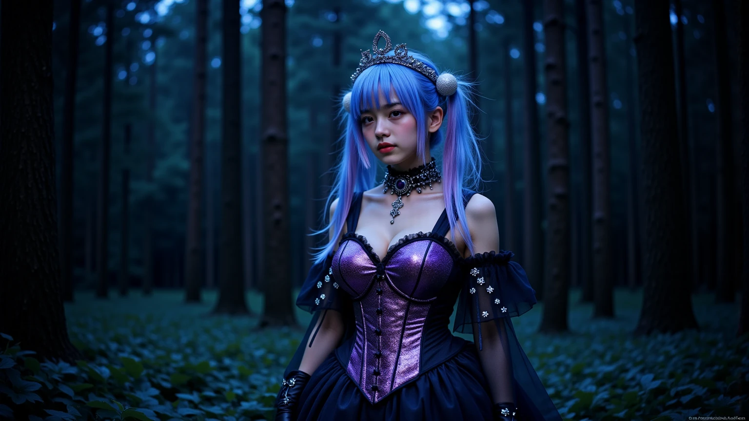 Chinese woman in blue hair and black dress in woods, gorgeous cosplay, decorative gothic - cyberpunk, rococo cyberpunk, dark fantasy style, beautiful elegant demon queen, queen of the forest, portrait of dark fantasy fairy, dark fantasy art style, beautiful dark elf countess, gorgeous cyberpunk armor, dark fantasy portrait, beautiful necromancer