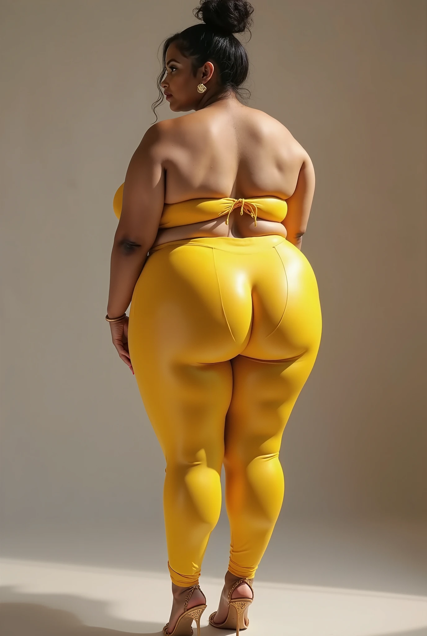 "An ultra-detailed 8k masterpiece of better quality and high saturation well focused. (view from behind) The image features an outfit illustration featuring a stunning plus size Indian beauty woman wearing a super tight gold leggings outfit including super tight open shirt, F cup, white sneakers and a blue background, long legs."