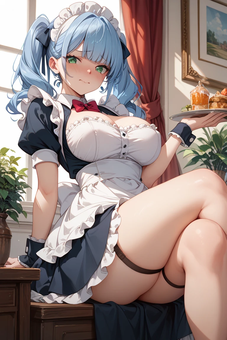 Anime Kawaii sexy Perfect Slim sensual body large breast and huge thighs, An intricate and highly detailed illustration of anime (Young girl) (Masterpiece, best quality), (ultra high resolution, 8K RAW photo, photo realistics:1.5, textile shading, thin outline), Beautuful Matured woman preparing tea-time, (tea set, tea pot, tea cups), wearing traditional sick maid uniform, maid costume:1.2, long flare skirts, apron, Tall and long legs, long white hair, wearing rimless grasses, (milf:1.5, 28 years old, solo), (large breast, sagging breast, big , narrow waist), (long white hair, hair over one eye, half updo, asymmetric hair, wavy hair), (bright pupils, detailed eyes, high detailed face, Perfect face shape, eye rush), (seductitve smiling, half-closing eyes), (looking at viewers:1.3), (dynamic angle, tighs focus, from side above:1.2), (correct anatomy:1.5, correct hands), (ideal ratio of body proportions),