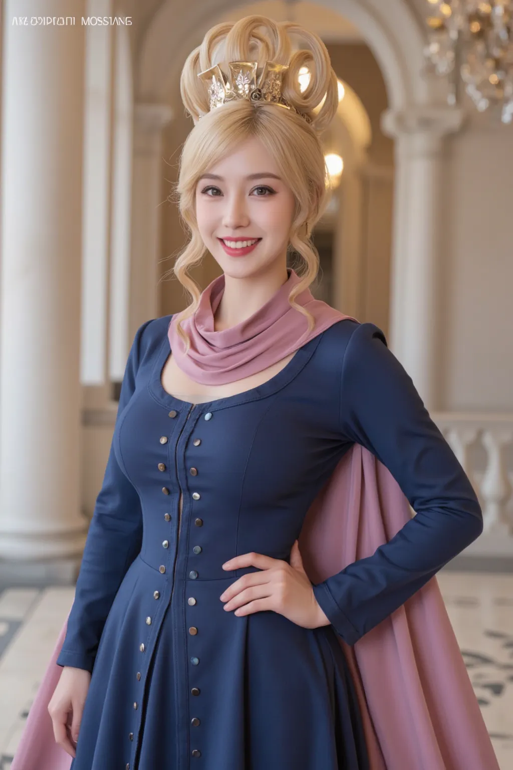 (best image quality, Ultra-detailed light and shadow, Literary cute girl sitting in quiet library, Bob hair half-dyed gradation, ) , She sits on her knees, Blend elegantly into the idyllic backdrop of the library, It is full of literary atmosphere. ),Turn your face and look straight ahead, (cowboy shot:1.2), (High Resolution), (Very Detailed), (Best Photo), (Best Quality), (Ultra Detailed), (masterpiece:1.5), very precise details,(Ultra High Resolution:1.4), the Extremely Detailed CG Unity 8K Wallpapers, highest quality, hight resolution, (Realistic, Photorealsitic, hyper realisitic:1.5), (Curve, Model, Farbe care:1.5), Farbe_aberration, the light shines on your face, profetional lighting, anime styled, beautiful hair, detailed hair,(Detailed Face), (Beautiful Detailed Eyes), Beautiful breasts, beautiful detailed shadow, Beautiful body, Beautiful skin, beautifull hands, precise details hands, beautiful fingers, very precise detailed fingers, (Ultra-detailed face, Detailed eyes:1.4), beautiful eyebrows, cool eyebrows, (Aesthetic Anime Eyes:1.4), (Light from the front :1.4), (shiny oiled skin: 1.4), (1girl in:1.4),(Solo:1.4), (Mature face and body), daylight, (Beautiful cute face), (beautiful female lips), Charming, ((aroused expression)), looks at the camera with a gentle smile, earrings glossy lips, (juicy female lips), perfect female body, Beautiful waist, beautiful long eyelashes , put hands on the hip, raise the corners of the mouth, tilt her head, 30year old, mature female, Kurapika, 1girl, ((scarlet eyes)), blonde hair, ((bob hair)), flowing hair, fluttering hair, long legs, very large breasts, long breasts, saggy breasts, hips wider than shoulders, wide hips, pelvic curtain, beautiful thighs, thick thighs, simple clothess, ((full bodyblue tabard:1.4)), ((gold trim)), white shirt, long sleeves, puffy sleeves, white pants, ((simple yellow wide waist belt)