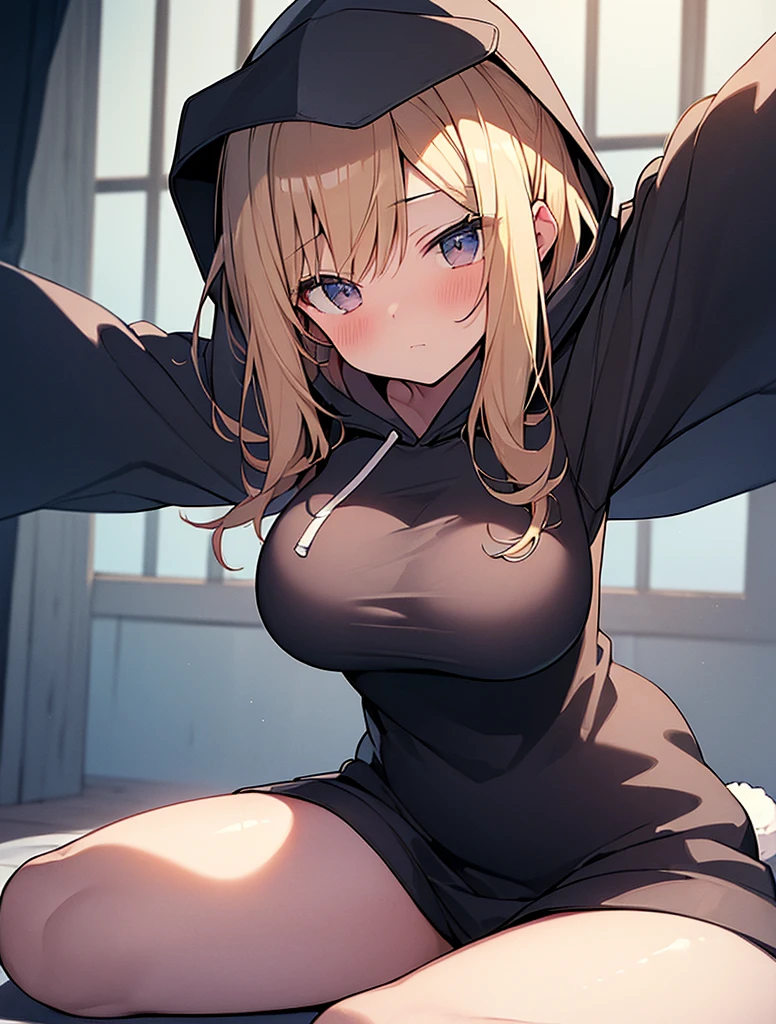(masterpiece, exquisite beautiful eyes: 1.5), masterpiece ,1 girl,cute face,(Beautiful red eyes),large breasts,hoodie, no bra:1.2