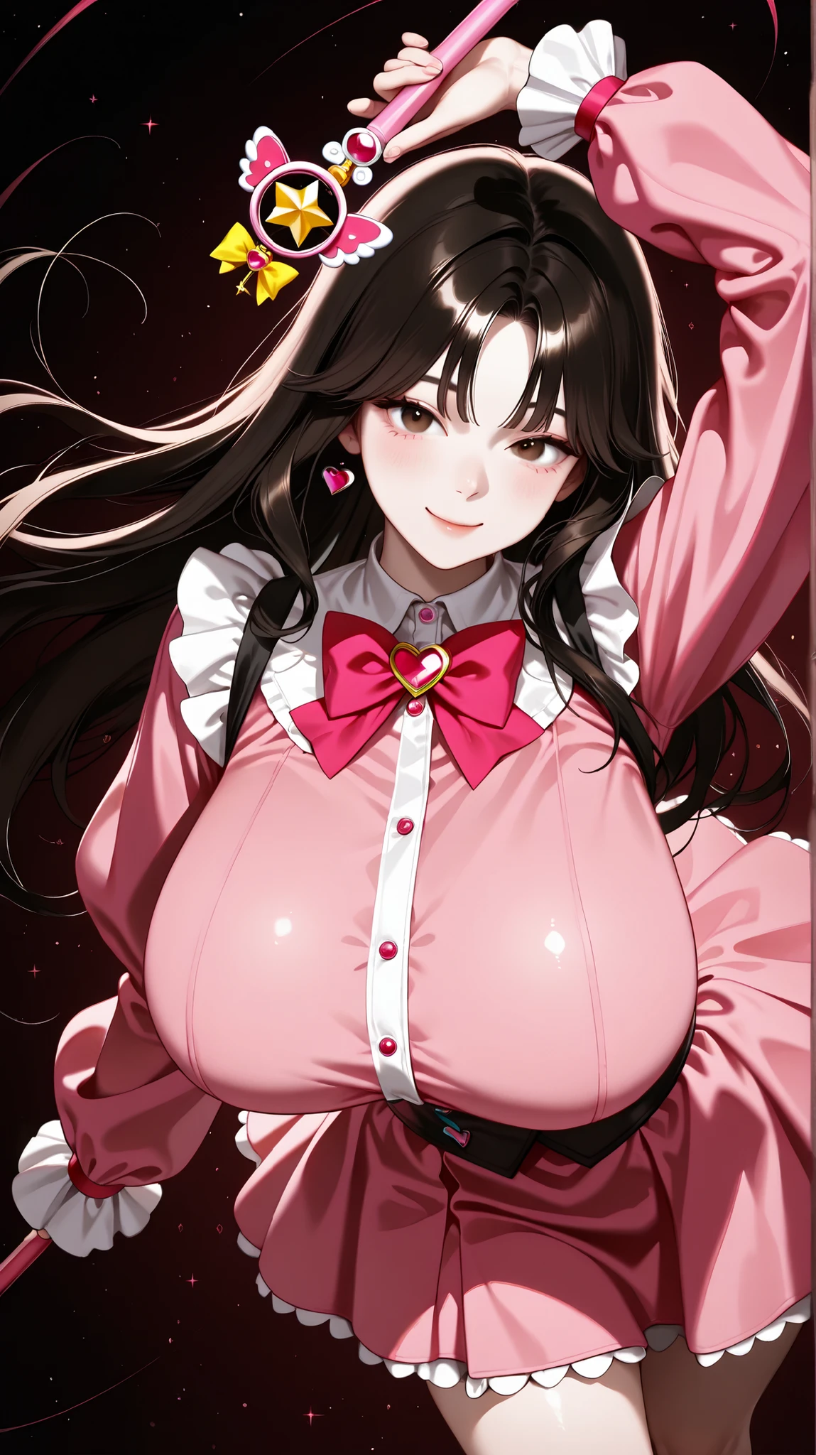 big lips, Brown hair, pink eyes, japanese face, improve, improve grin, two sides up, huge breasts, Wide hips, sexy, detailed, pink room, Hits, (evil smile1.4), kawaii, skirt lewd, lewd, GOOD, lewd costume, lewd shirt, choker, lewd skirt, lewd shirt,navel piercing,ropa interior lewd