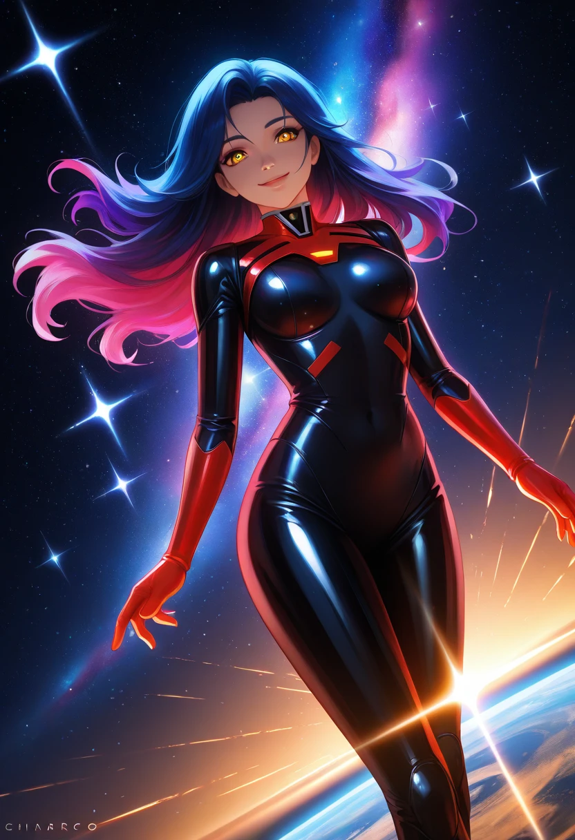 1980s anime milf,kawaii,cartoonish female,Arizona green tea color palette,cat/foxgirl,petals,hearts,slight smile,full body,floating,star background,particles,spectral,glowing,2.5D,rainbow,(silhouette lighting:1.3),backlighting