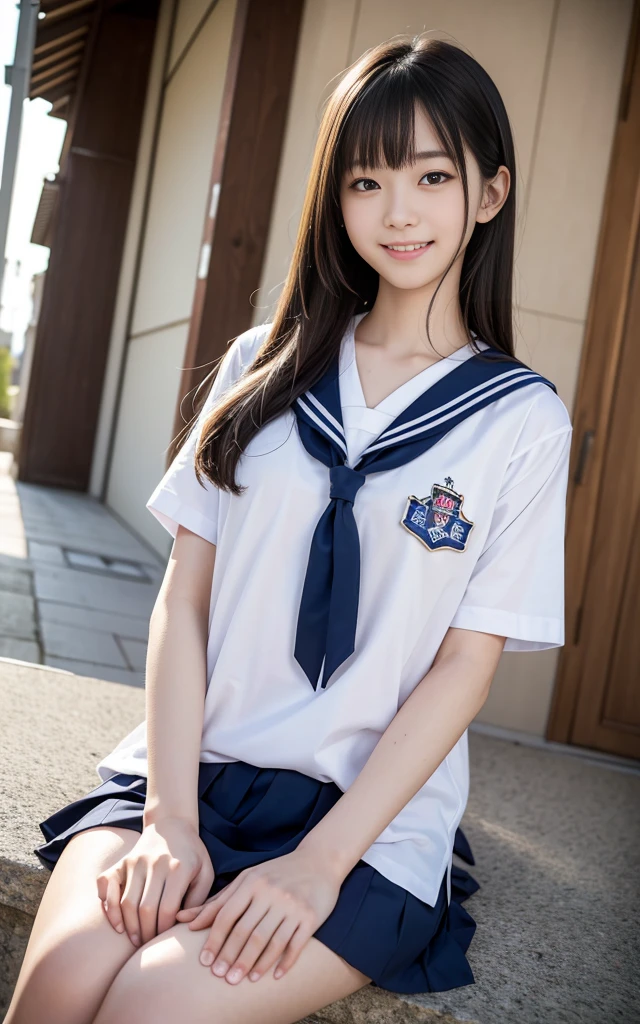 neat schoolgirl, (school uniform, sailor uniform, ribbon tied at chest, summer clothes, upper body white, skirt is navy blue), outside the athletic field, (slim), photorealistic, detail, skin texture, ultra detail, delicate and sexy collarbone, smile, super detailed face, detailed lips, detailed eyes, small breasts, small breasts, small, flat breasts, breast enhancement, light face