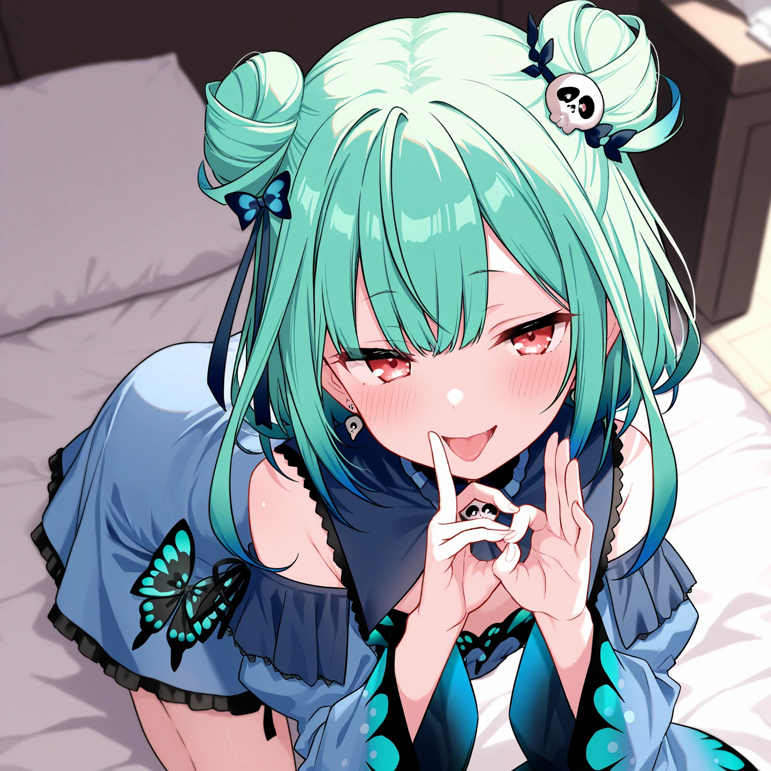 (best quality, masterpiece:1.2), ultra detailed, extremely detailed eyes and face, natural skin texture, detailed skin, natural lighting,
1 girl, (cute), rushia_idol, green hair, short hair, double bun, idol outfit, white gloves, blue bow, butterfly hair ornament,
BREAK (orgasm face, closed eyes, aroused, open mouth, gasp, blush cheeks, saliva trail:1.2),
BREAK (vaginal penis:1.2), (a man), hetero, (girl sit astride on man), (girl on top), (girl spread legs), (intense Sex:1.7), (cum out:1.2),
bedroom, bed, from below,
