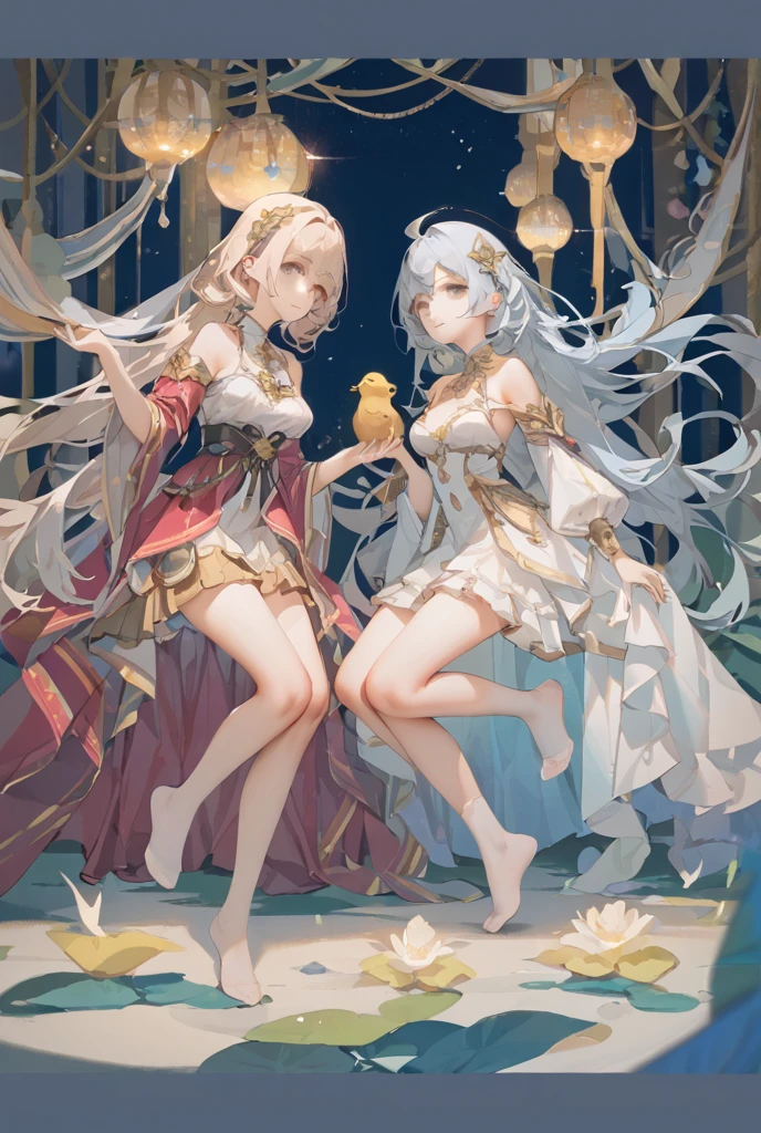 ((Masterpiece, Highest Quality)), Detailed Face, CharacterDesignSheet, full bodyesbian, Full of Details, multiple poss and expressions, Highly detailed, depth, many details,uma menina bonita com cabelo branco,Laces twisted braids,He wears a light-colored stiletto heel,dressed in white、Red & Gold Hanfu,Behind him is a blue and gold cloak,The lower part of the body is dressed in white stockings,bare feet,Light pink pupils,epic exquisite character art, Amazing characters