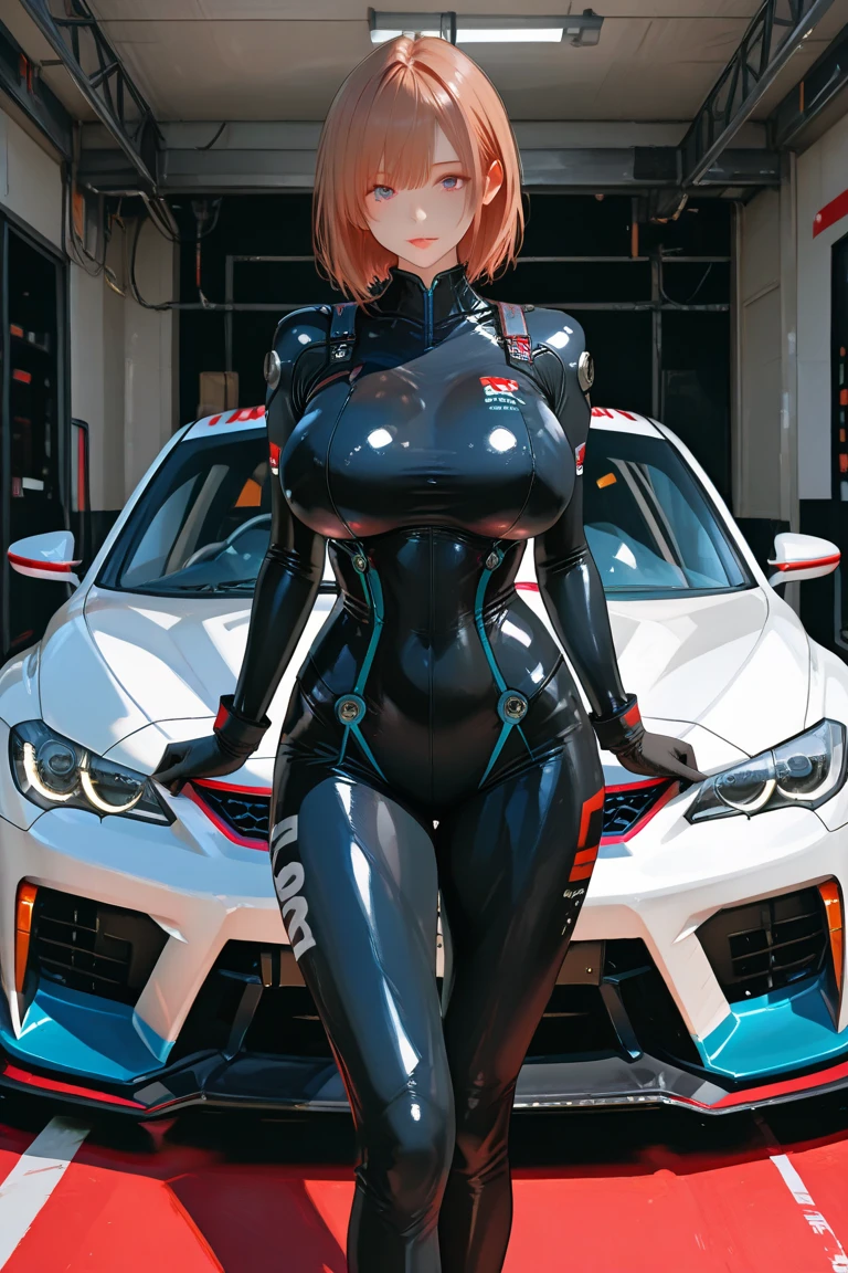1 lady only, permanent, /(Racing girl/) /(Silver clothing with logo/) mini skirt, Mature female, /(Light black hair/) Bangs, Friendly smile, (Masterpiece best quality high resolution 8k), Beautiful illustrations, Edge color, Pretty Face, Medium breasts, thigh boots rest (permanent next to the latest model car), (Holding the panel with the car name) rest (Indoor car show), audience, Detailed background,huge , Crazy breast swelling, Chest larger than shoulder blades, Big breasts and thin waist,(huge breasts:1.2),Hydrated skin((rogue))((非常huge乳房)),((Grooves reveal original skin))
