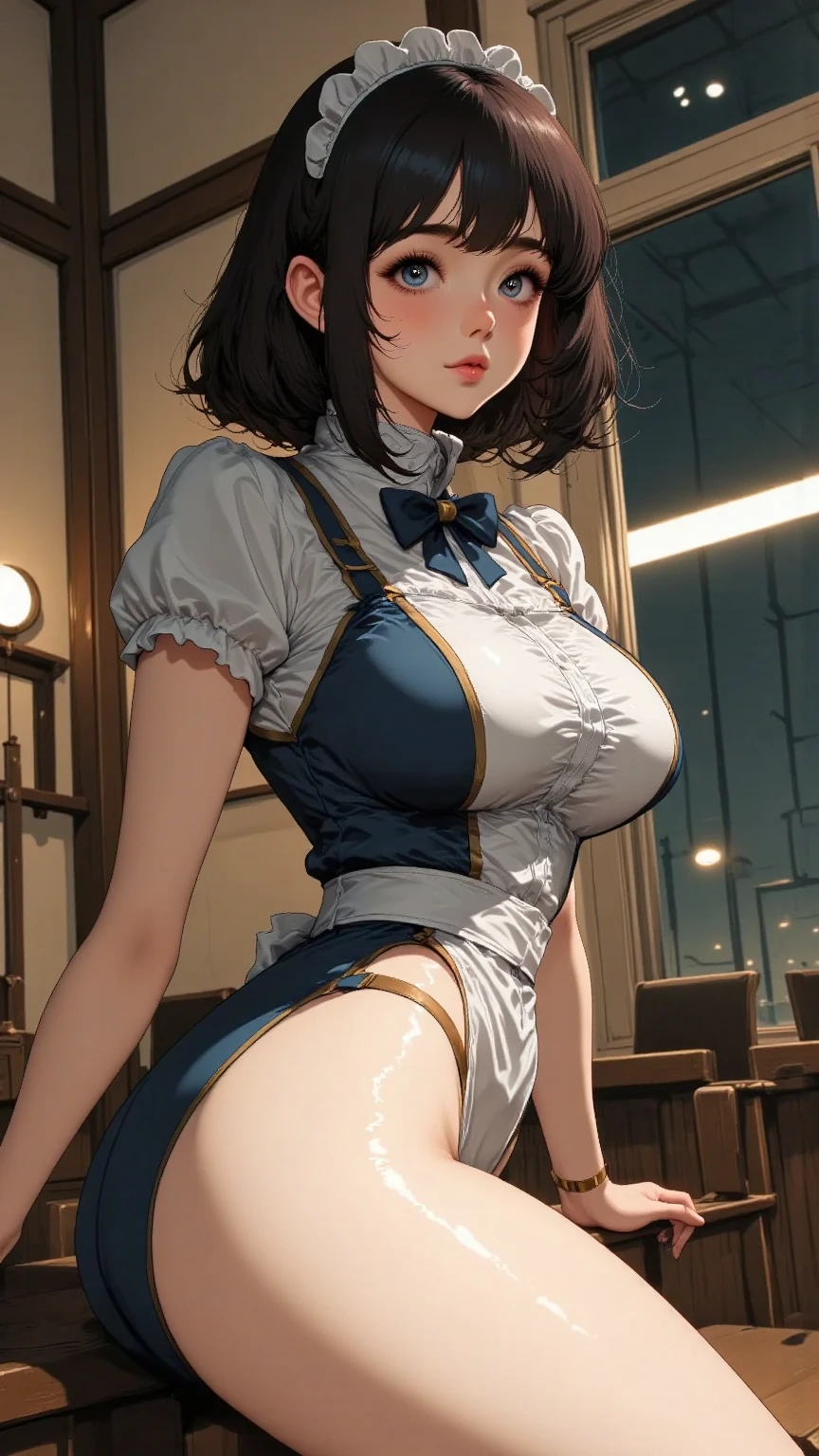 W0p(Night:1.7), Cyberpunk_CityView, Before Window,
RO\sitting at attention,sitting on couch,
g
ppuffy_short_sleeves,White_shirt,yellow_apron ,
rhousewife,oda Non,
Y4SBlack_hair,Brown_eyes,single_braid,
r[
1 girl, Manga,25yo,mature female,Beautiful Finger,Beautiful long legs,Beautiful body,Beautiful Nose,Beautiful character design, perfect eyes, perfect face,
w<y^h`
looking at viewer,
uk:
official art,extremely detailed CG unity 8k wallpaper, perfect lighting,Colorful, Bright_Front_face_Lighting,
(masterpiece:1.0),(best_quality:1.0), ultra high res,4K,ultra-detailed,
photography, 8K, HDR, highres, absurdres:1.2, Kodak portra 400, film grain, blurry background, bokeh:1.2, lens flare, (vibrant_color:1.2)
gP:
(Beautiful,large_Breasts:1.4), (beautiful_face:1.5),(narrow_waist),Blushing，Shy，Sexy，Huge Breasts，cleavage，side braid