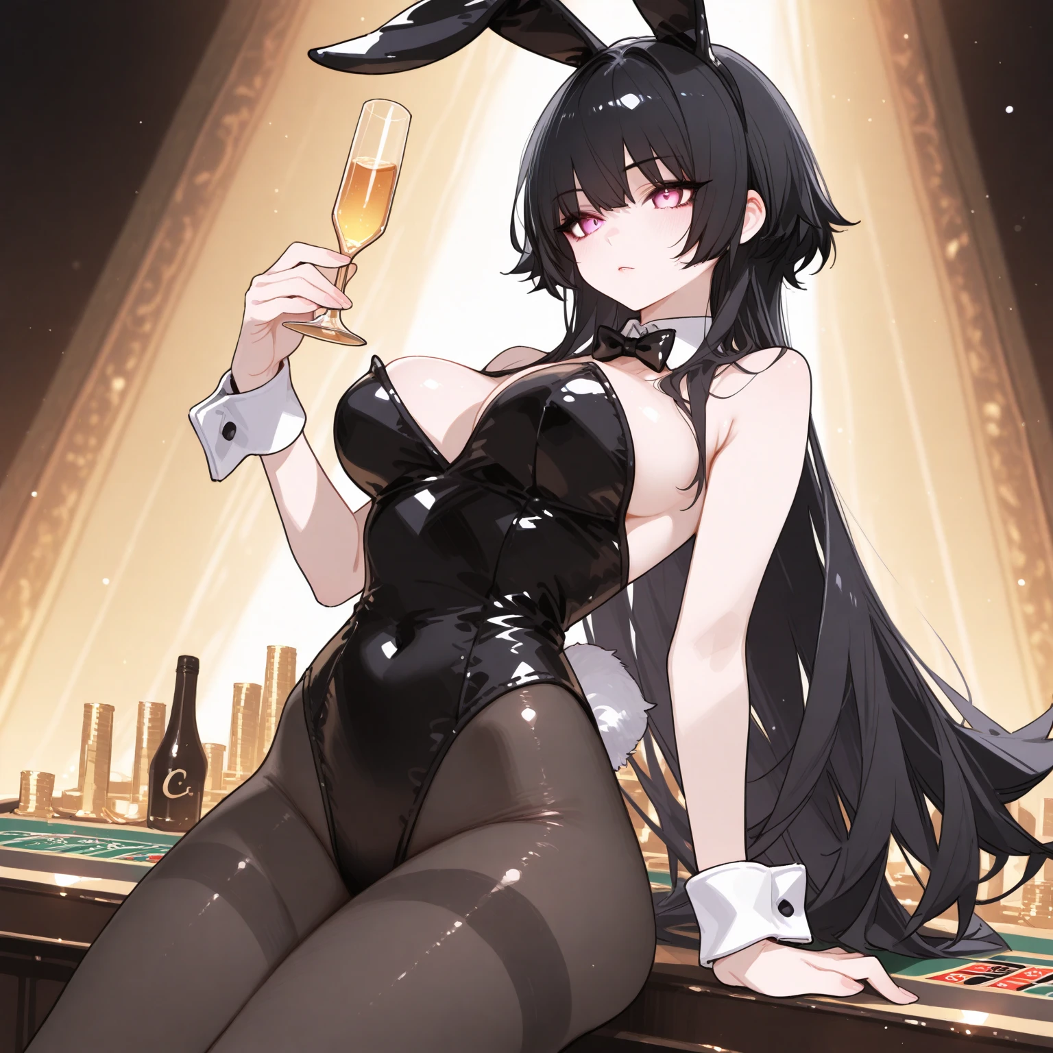 long black hair, perfect body, purple eyes, black bunny girl costume, standing, black and purple bunny ears, holding round tray with wine bottles sexy body, pantyhose