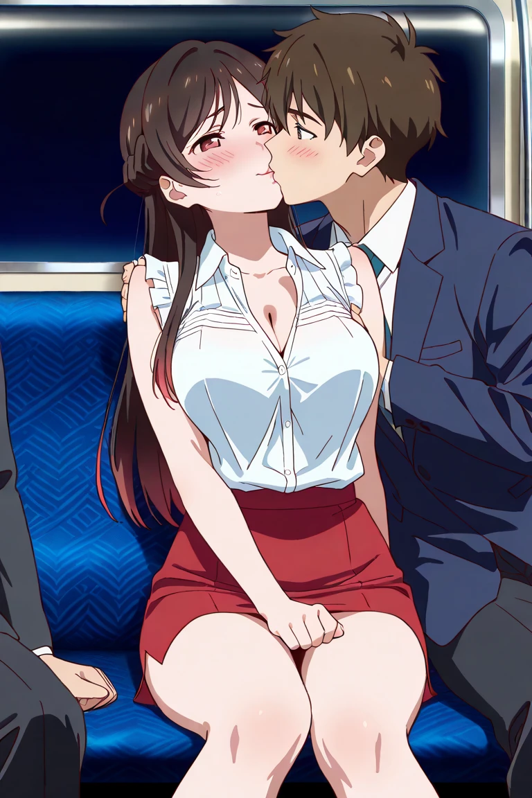 1girl, long hair, blush, open mouth, blue eyes, large breasts, brown hair, 1boy, cleavage, purple eyes, hair ribbon, hetero, one eye closed, solo focus, choker, hair bun, arms up, grabbing, sleeves, breast grab, red dress, fishnet cleavage, heavy breathing, wince, grabbing from behind, molestation, male black suit, window, night bokeh, city lights