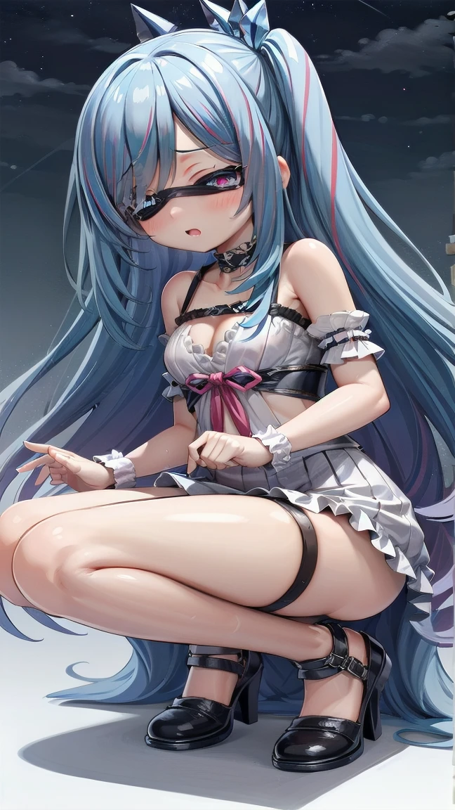(((SFW、highest quality、first-clasasterpiece、Normal body、8k、Detailed face、Ultra-precision、Normal hand、Normal finger、5Finger、Highest)))、beautiful girl、Blue and silver hair、Small breasts、Shortcuts、Wrapping ribbon、Black Ribbon、Naked with black ribbon wrapping、Black ribbon bra、Black ribbon pants、Raise your hands、Raise your hand、プレゼントは私♥️、joy、Embarrassed、Shy